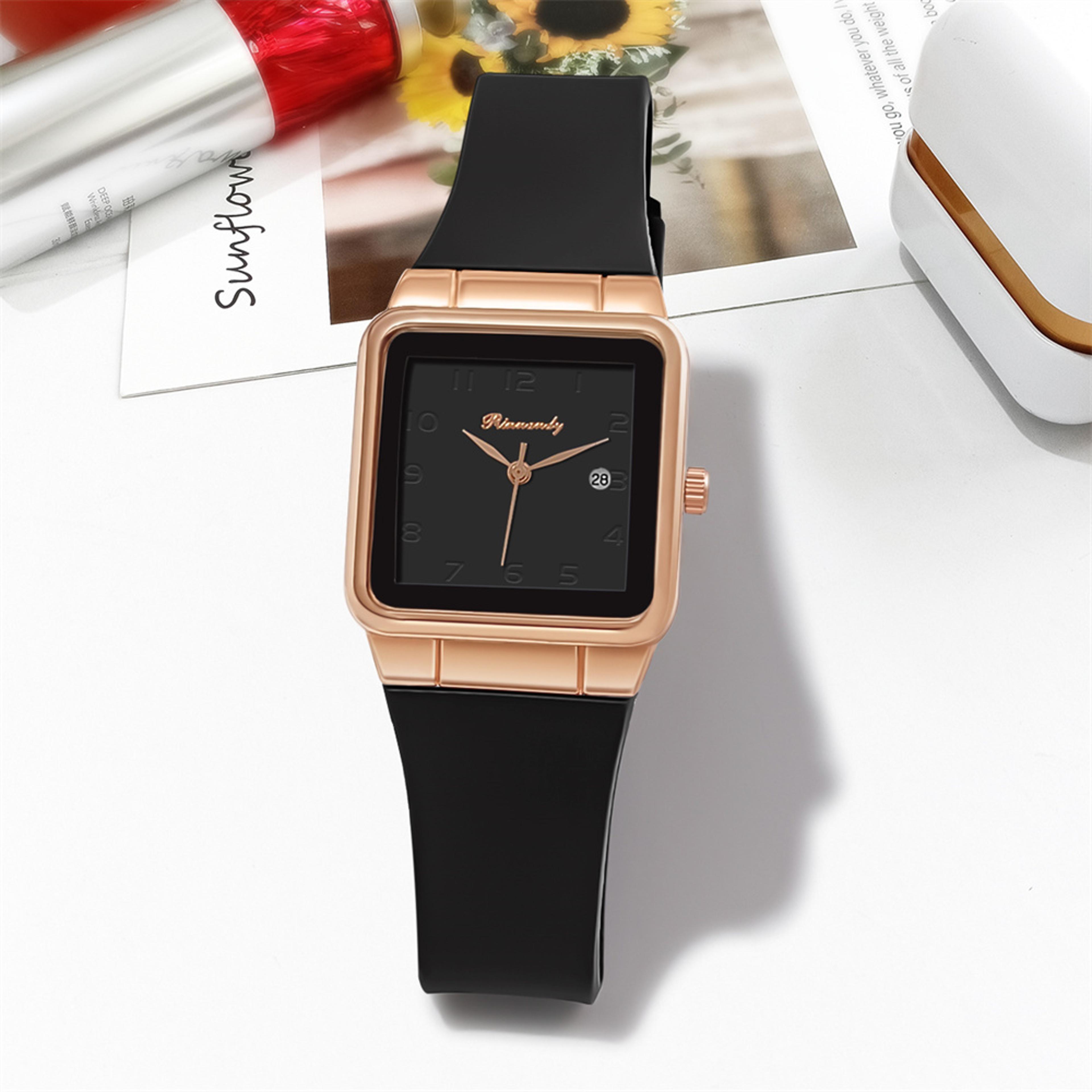 Simple Rectangle Ladies Quartz Watch With Silicone Strap Calendar Design 6