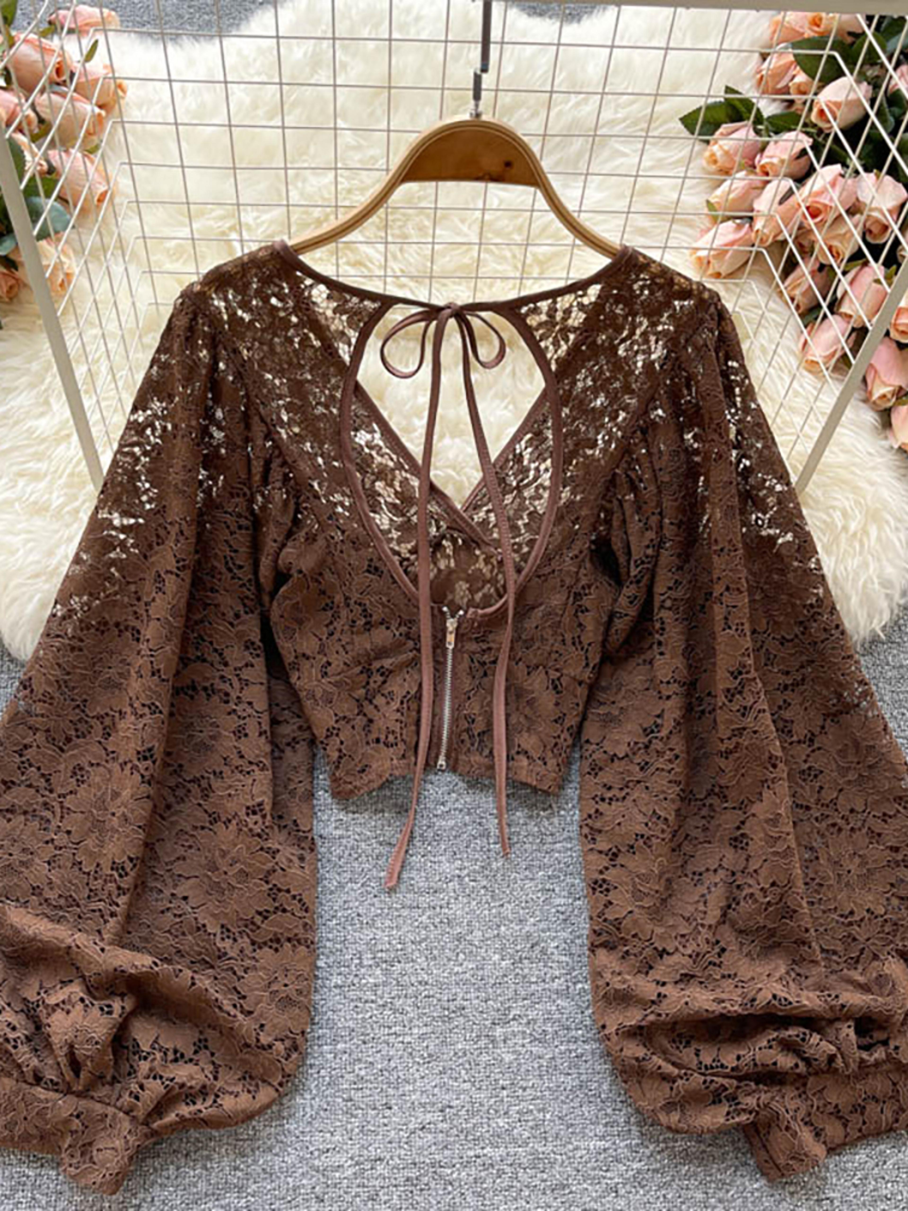 Elegant Lace V Neck Puff Sleeve Open Back Blouse 2