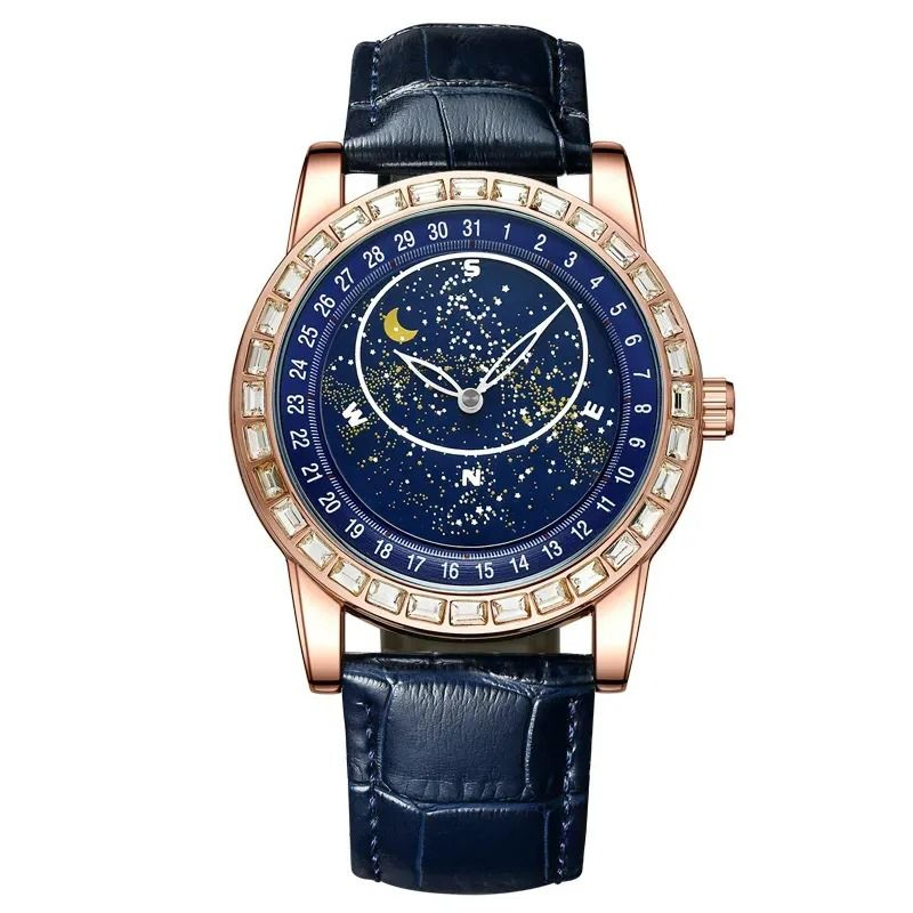 Starry Sky Moon Phase Quartz Watch For Men With Luminous Hands And Leather Strap 2