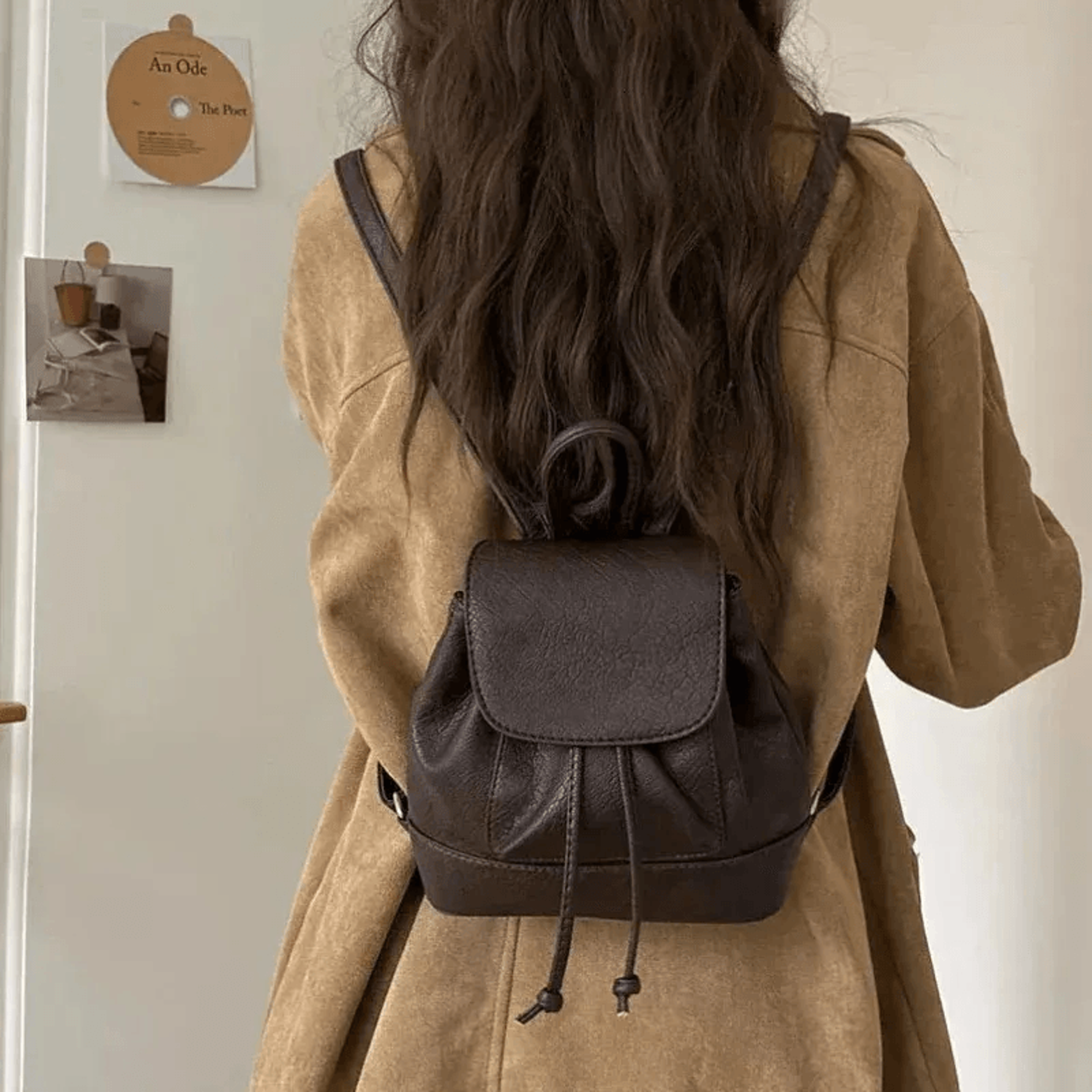 PU Leather Mini Backpack For Women Cute Flap Drawstring College Bag 5