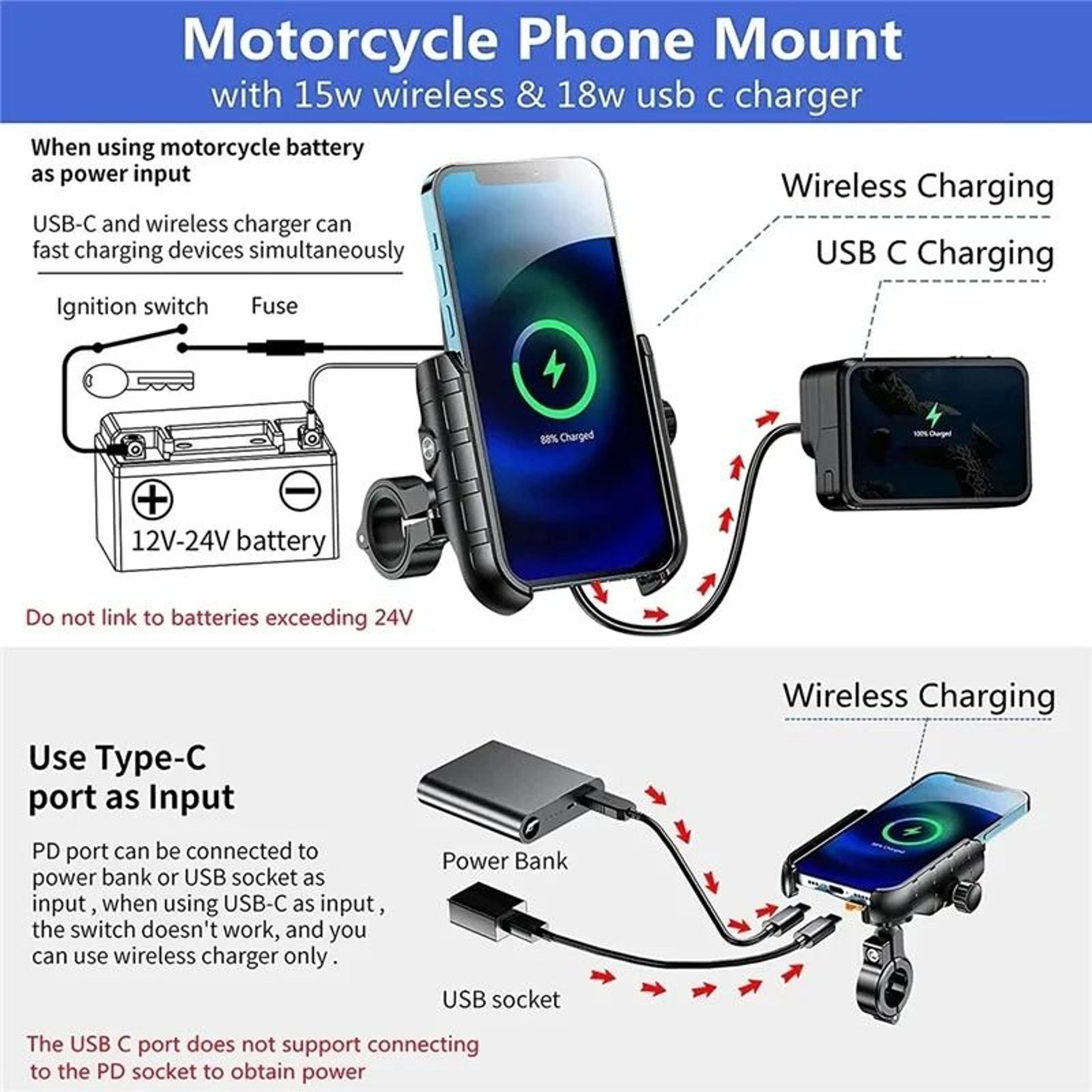 Motorcycle Phone Holder Wireless Charger Mirror Mount Fast Charging Cellphone Stand 2