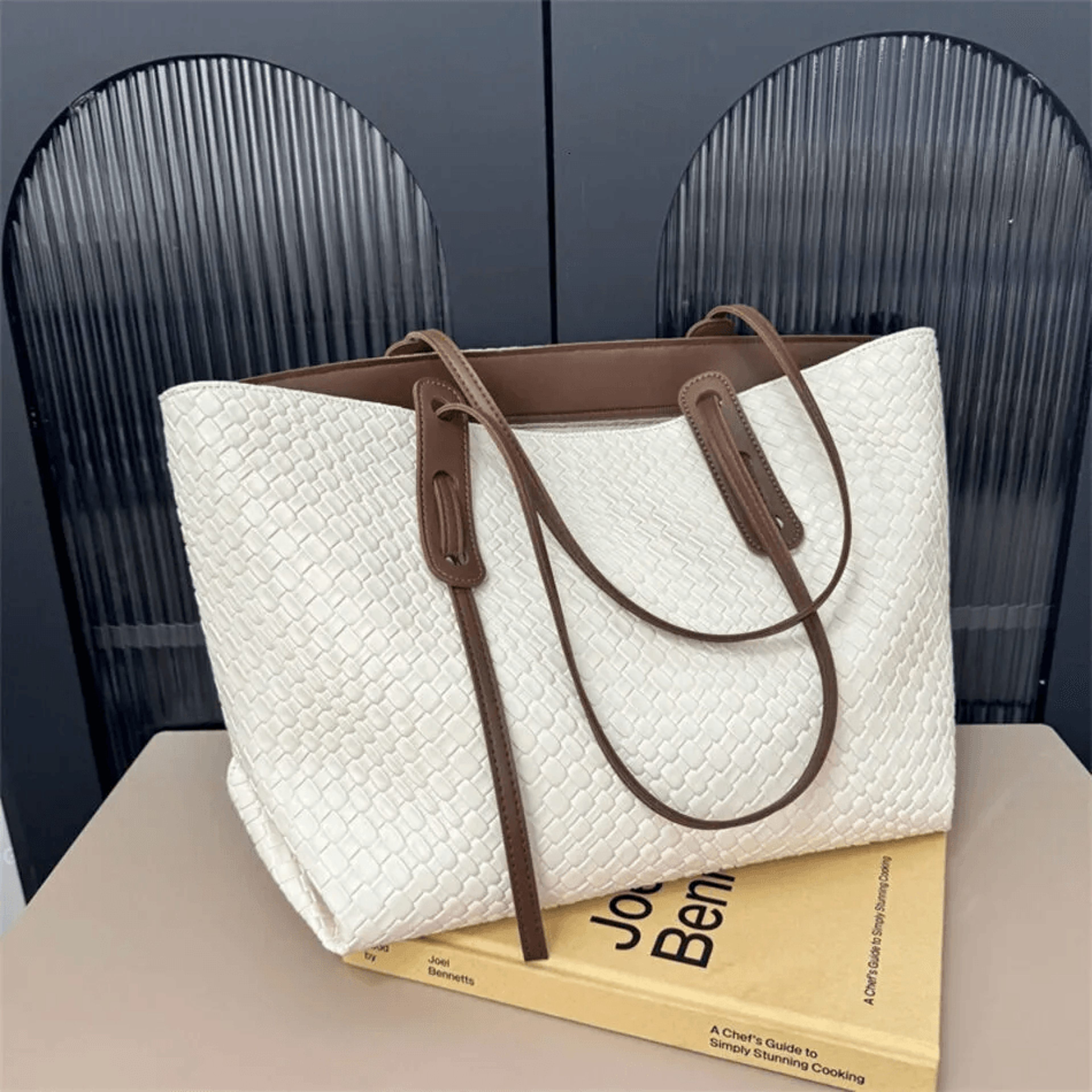 Woven Tote Bag For Women Large Capacity Work Shoulder Handbag Metallic Hardware 5