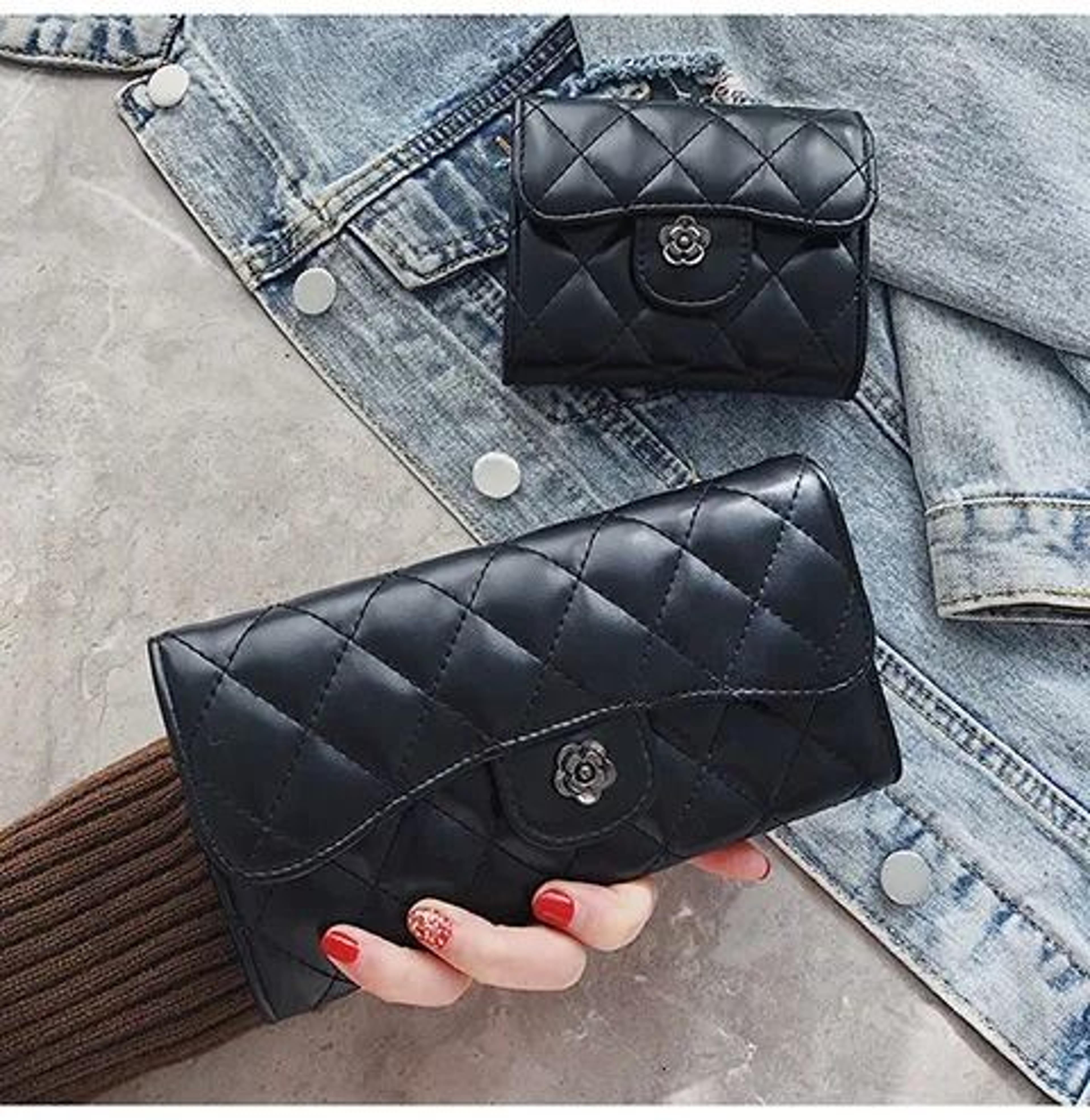 Black Quilted Leather Flower Turn Lock Wallet Available In 2 Sizes 0