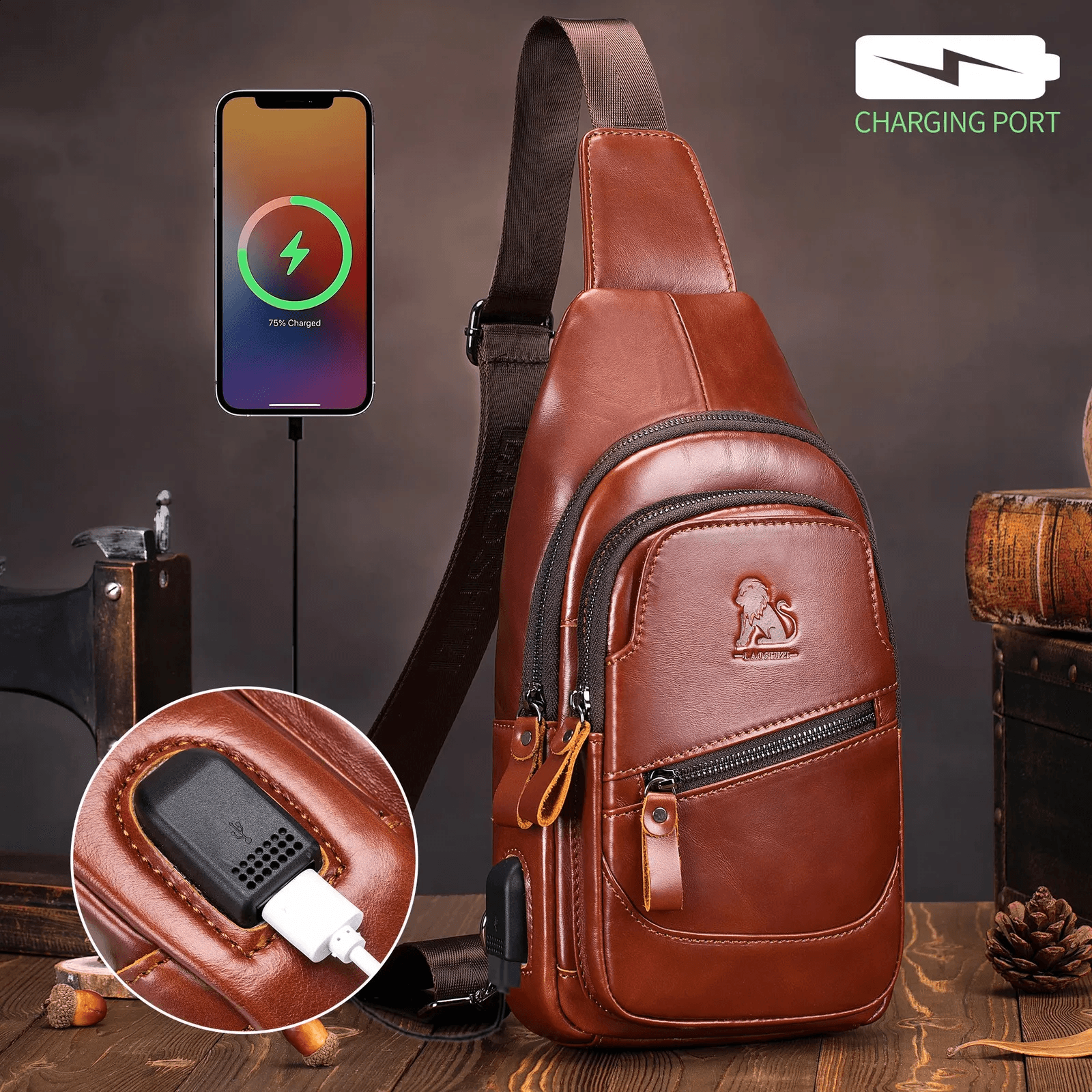 Genuine Leather Chest Bag USB Crossbody Sling Bag 7