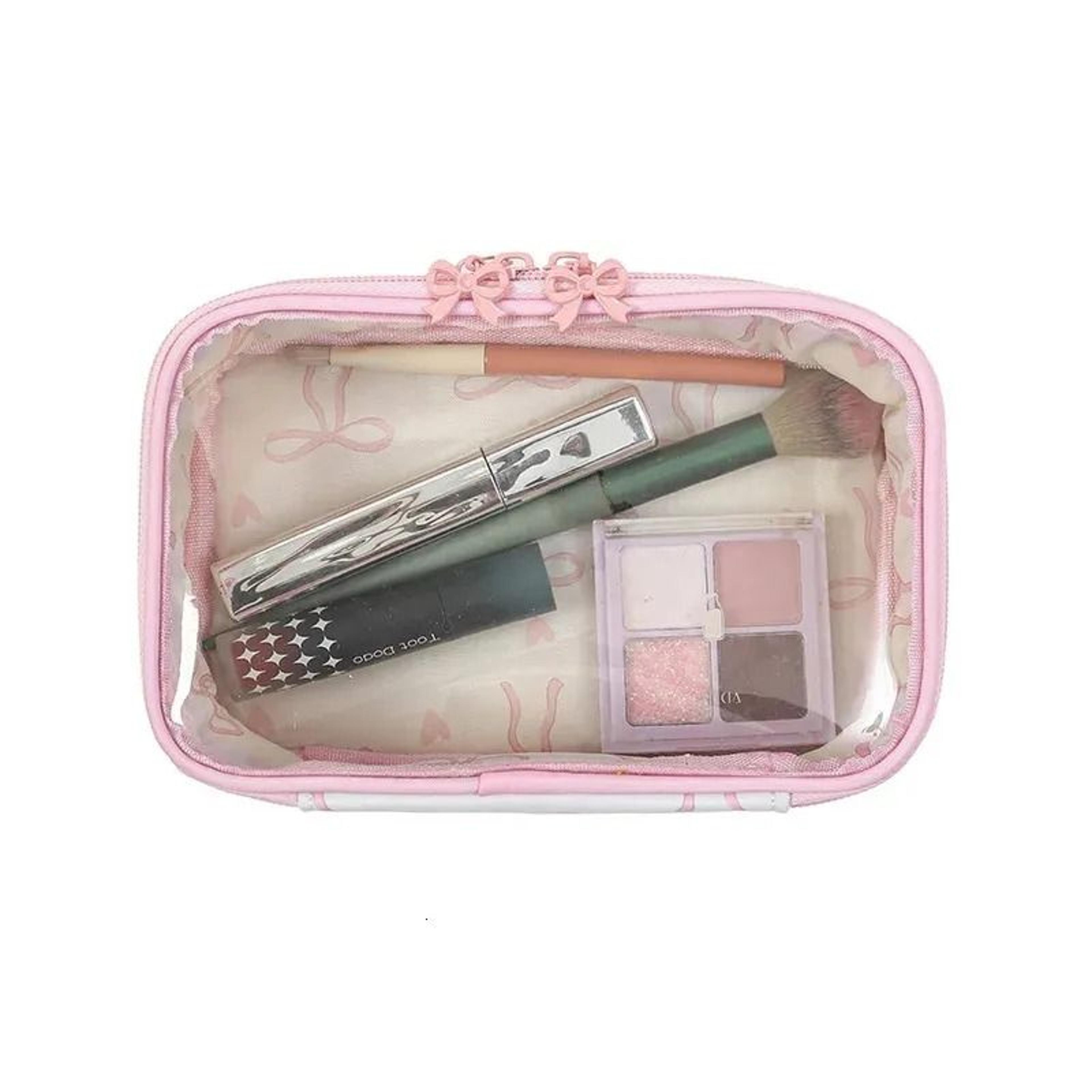 Pink Bow Clear Makeup Bag Waterproof PVC Travel Cosmetic Toiletry Pouch 1