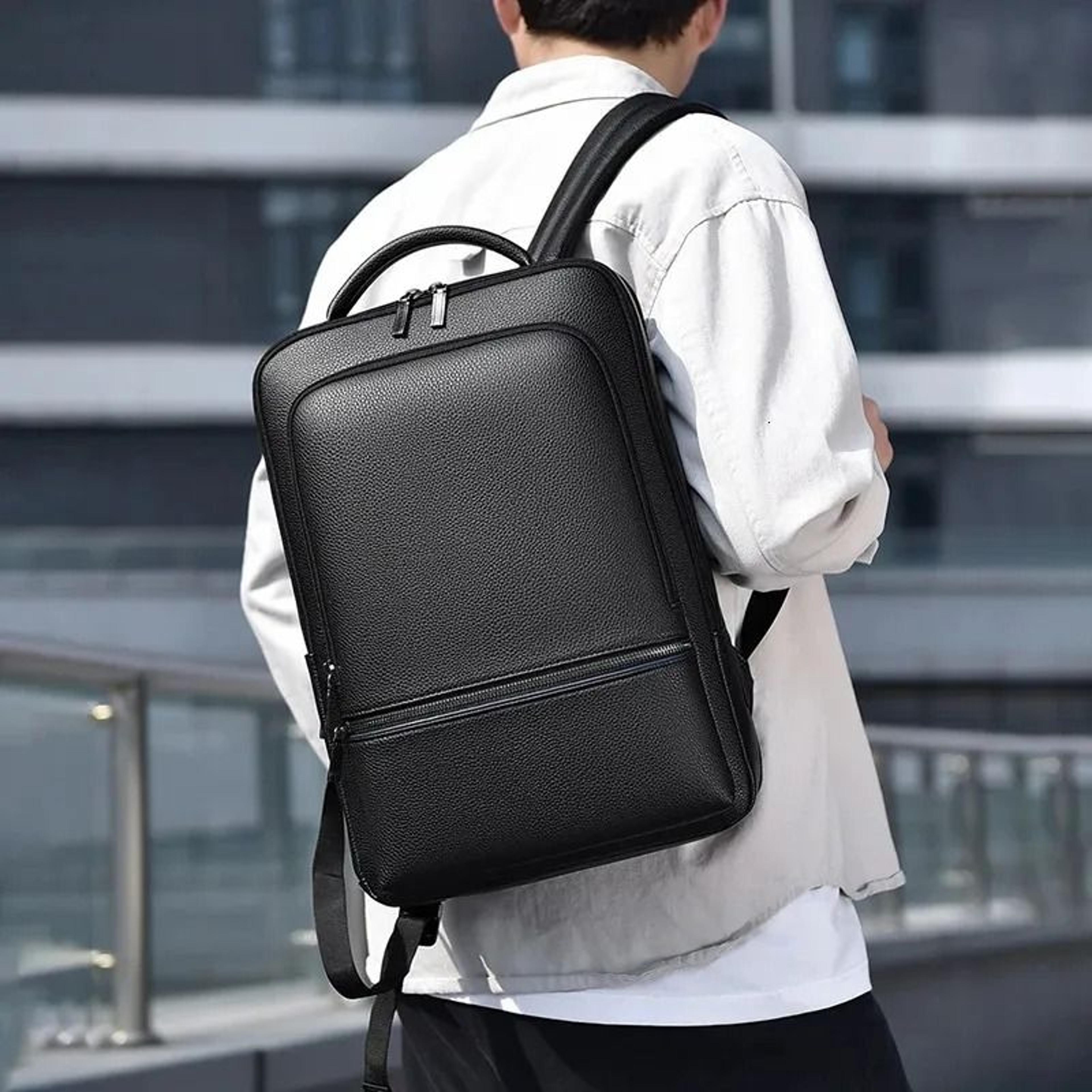 Men PU Leather Laptop Backpack With USB Charging For Business Travel And Office 3