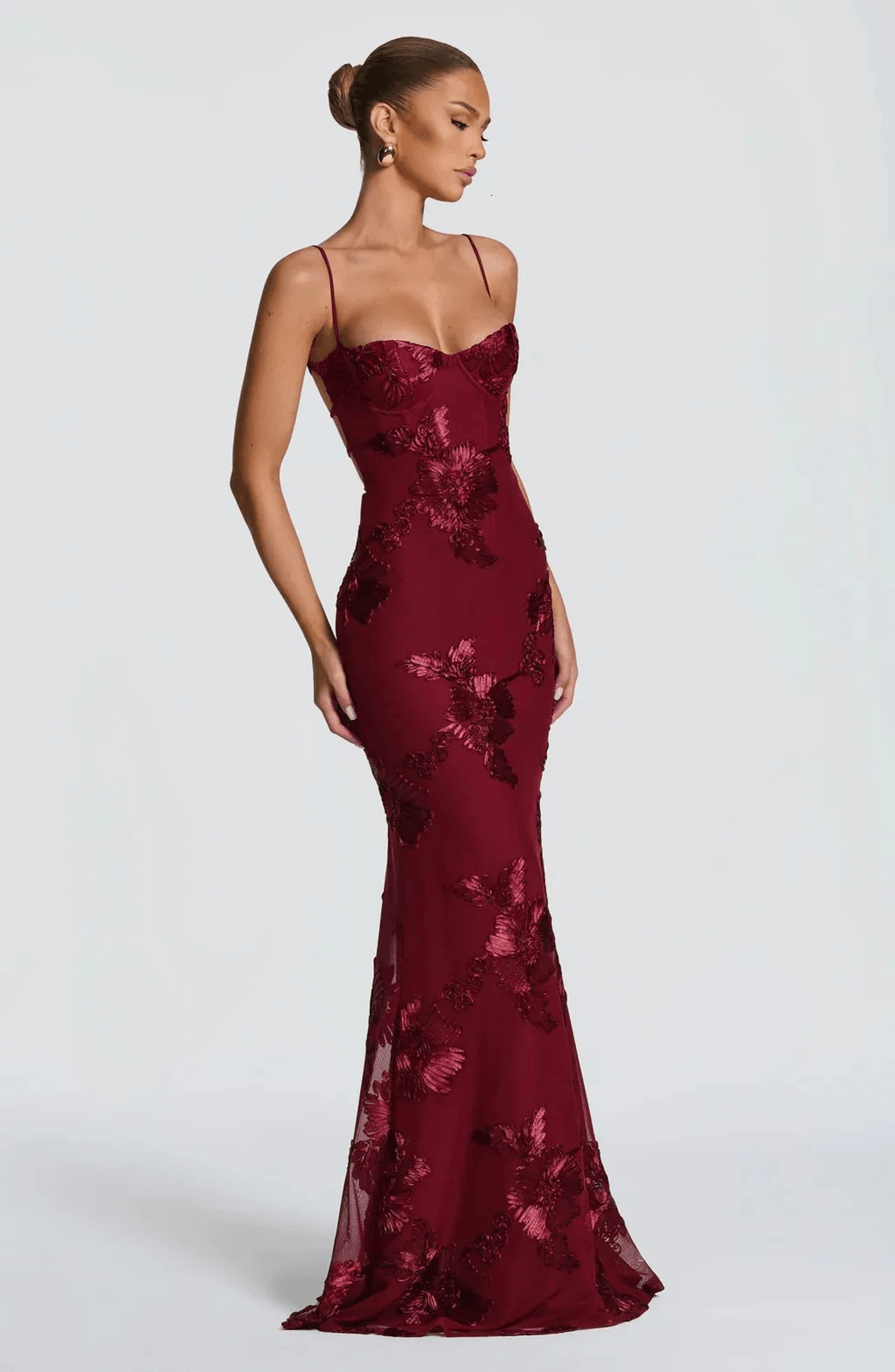 Floral Embellished Strapless Evening Dress Slim Fit Backless Formal Party Gown 3