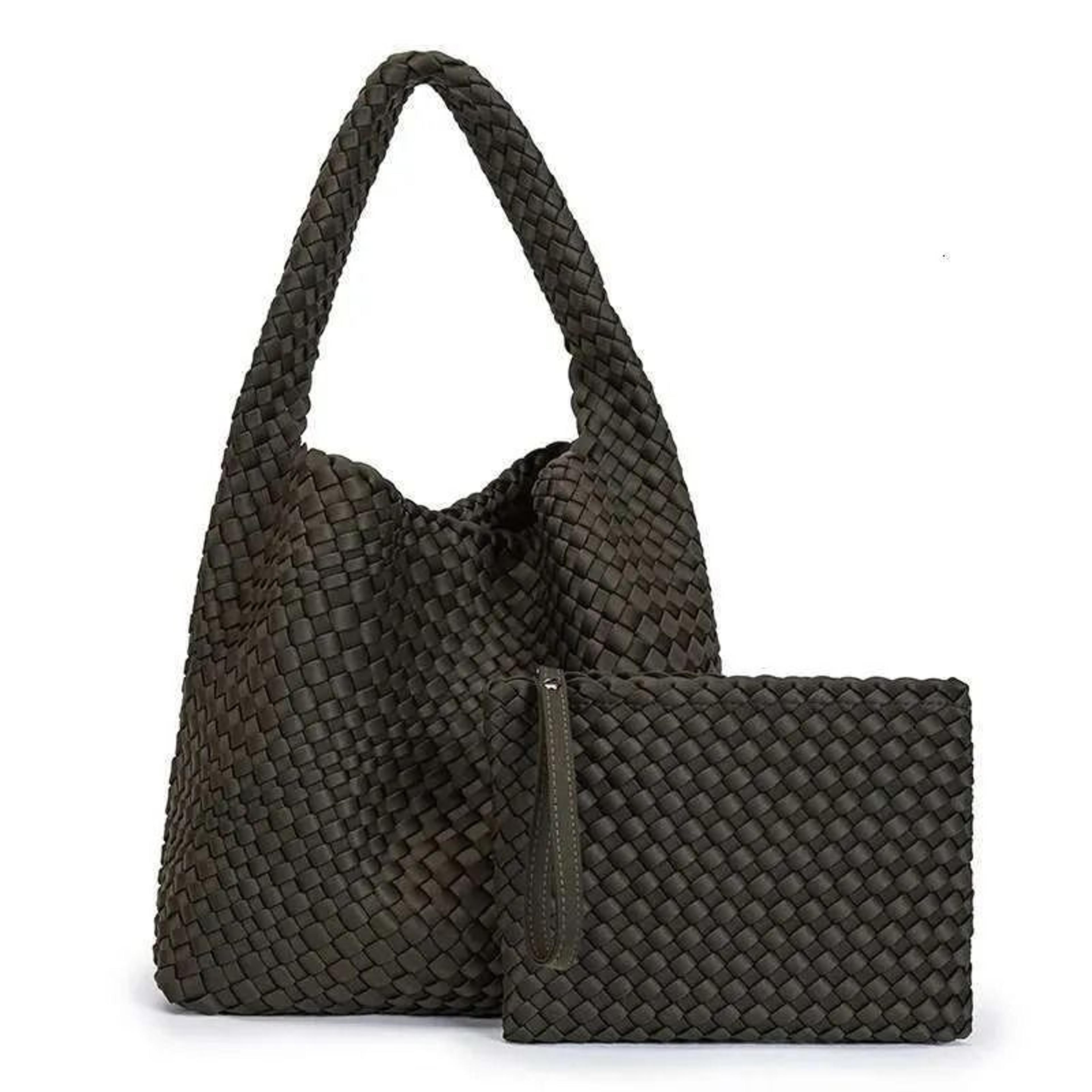 Neoprene And Leather Handwoven Shoulder Bag With Large Capacity Basket Design 1