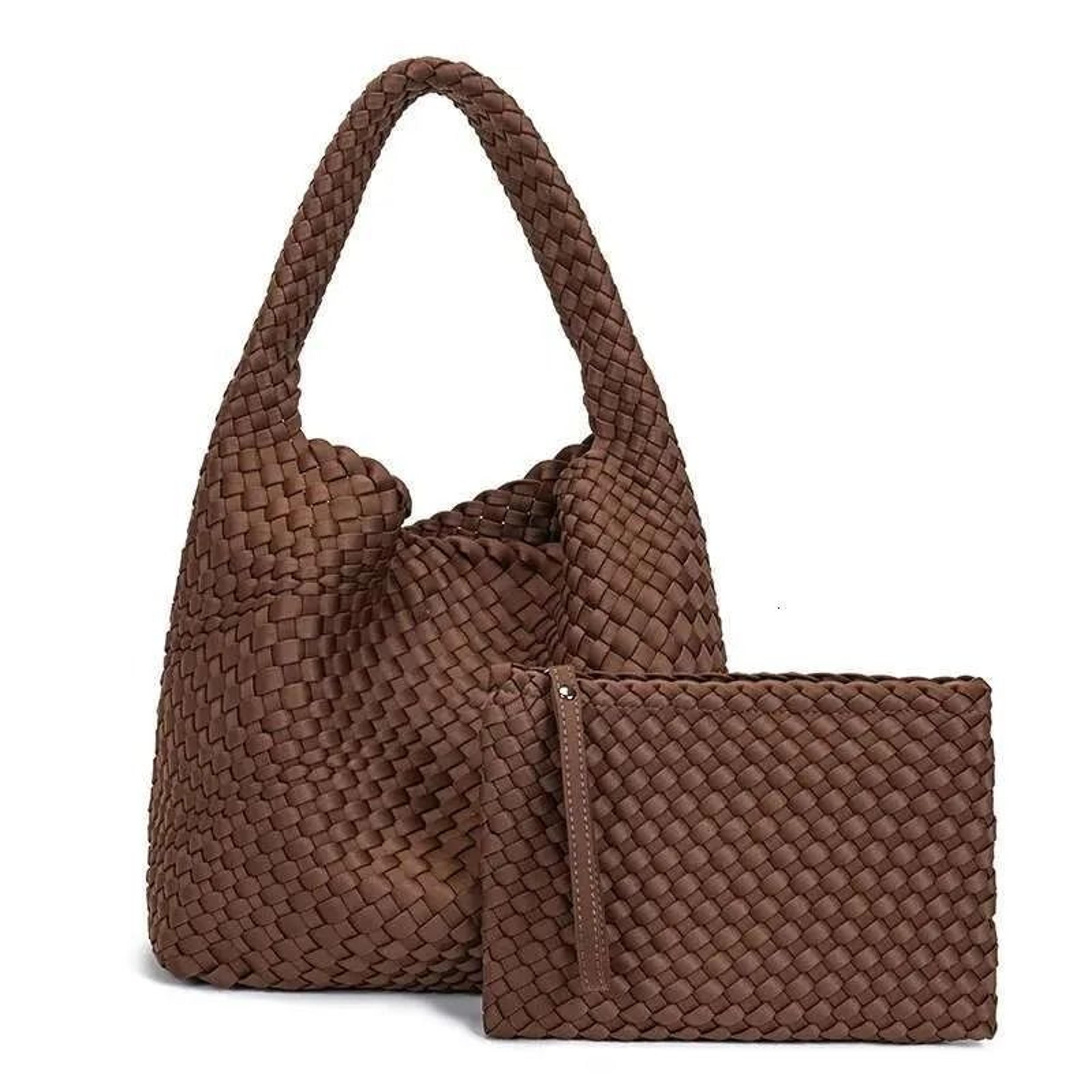 Neoprene And Leather Handwoven Shoulder Bag With Large Capacity Basket Design 3