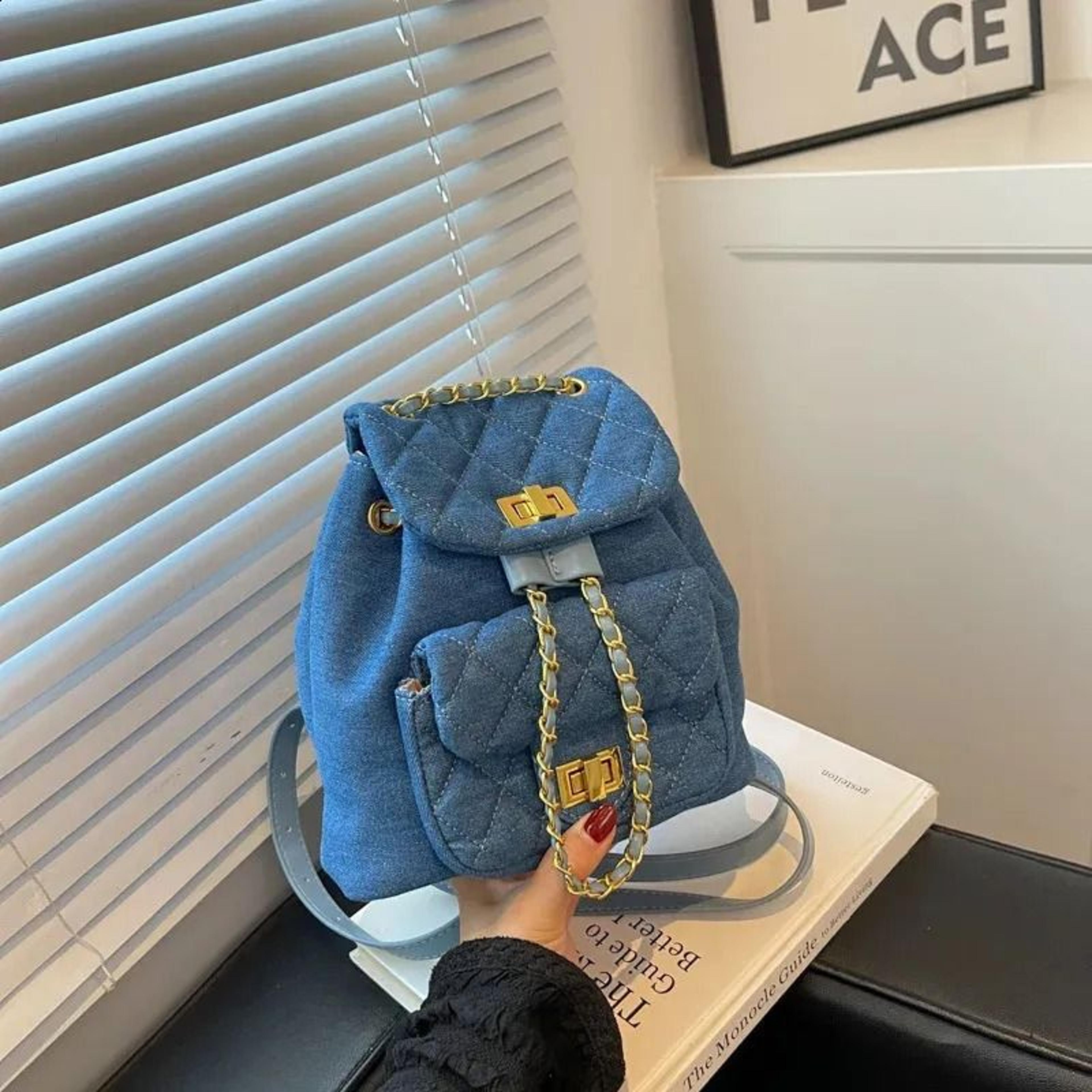 Mini Canvas Denim Backpack Purse For Women With Retro Cowboy Style Chain Detail 4