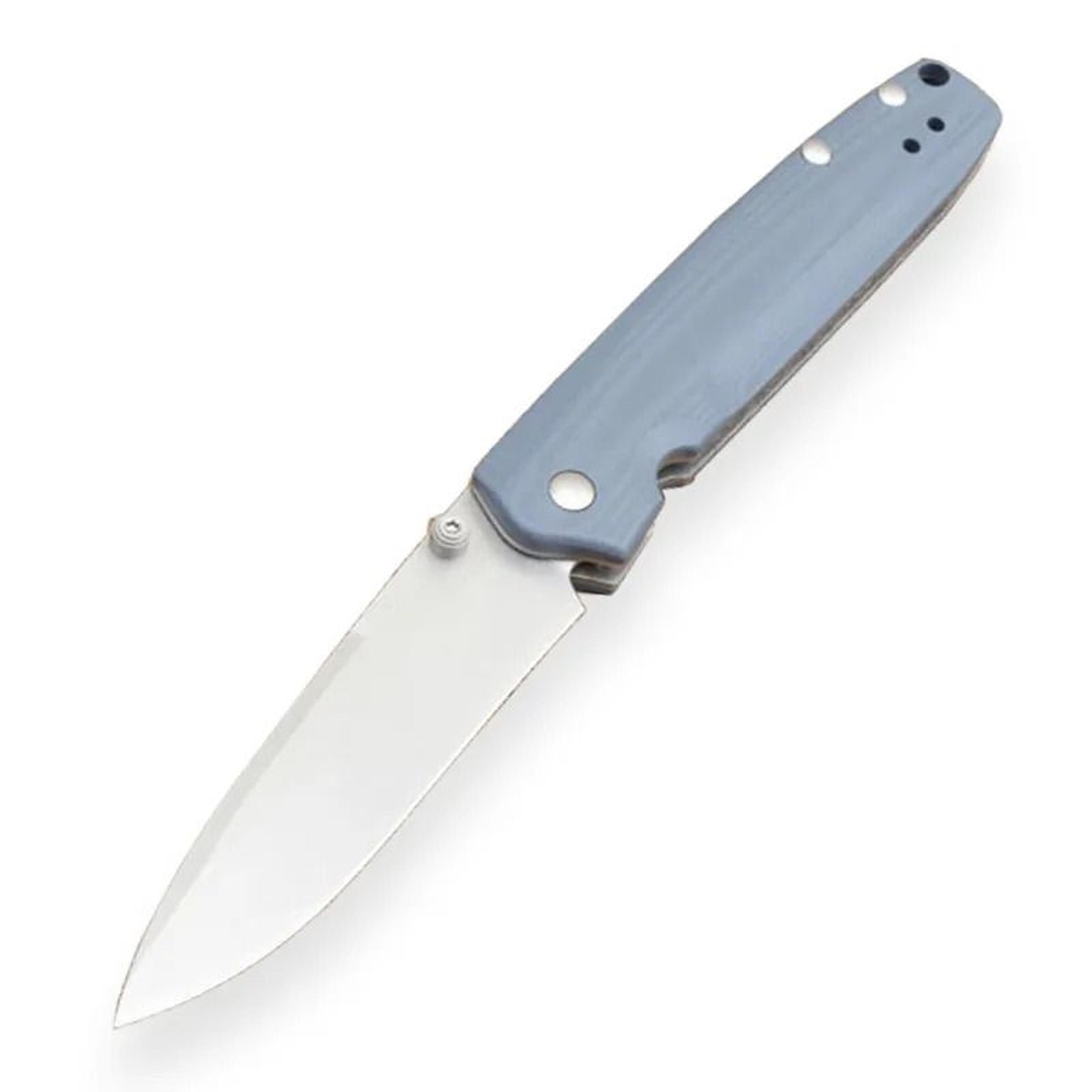 folding pocket knife with satin drop point blade and blue handle
