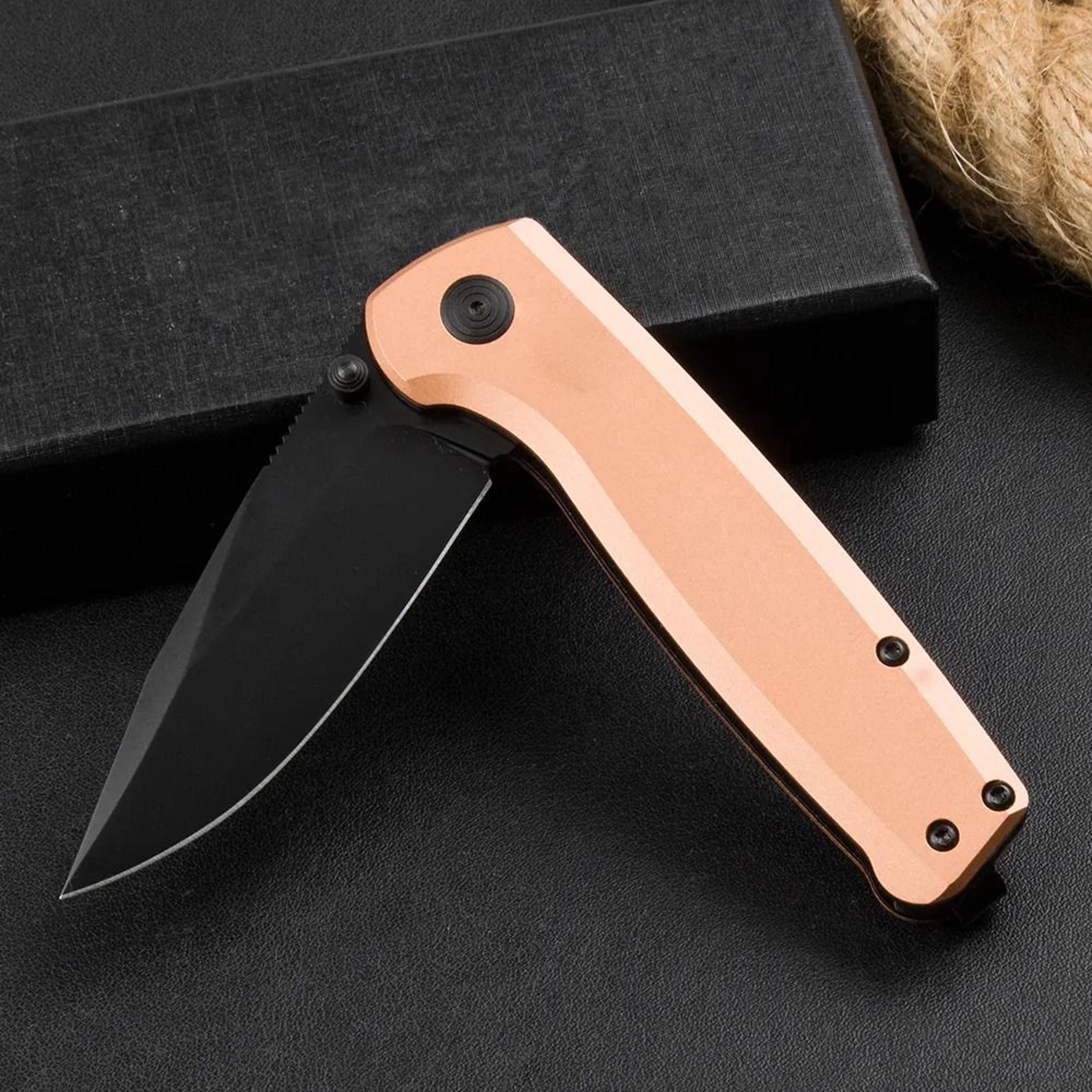 Steel Folding Knife With Black Titanium Drop Point Blade And CNC Copper Handle 4