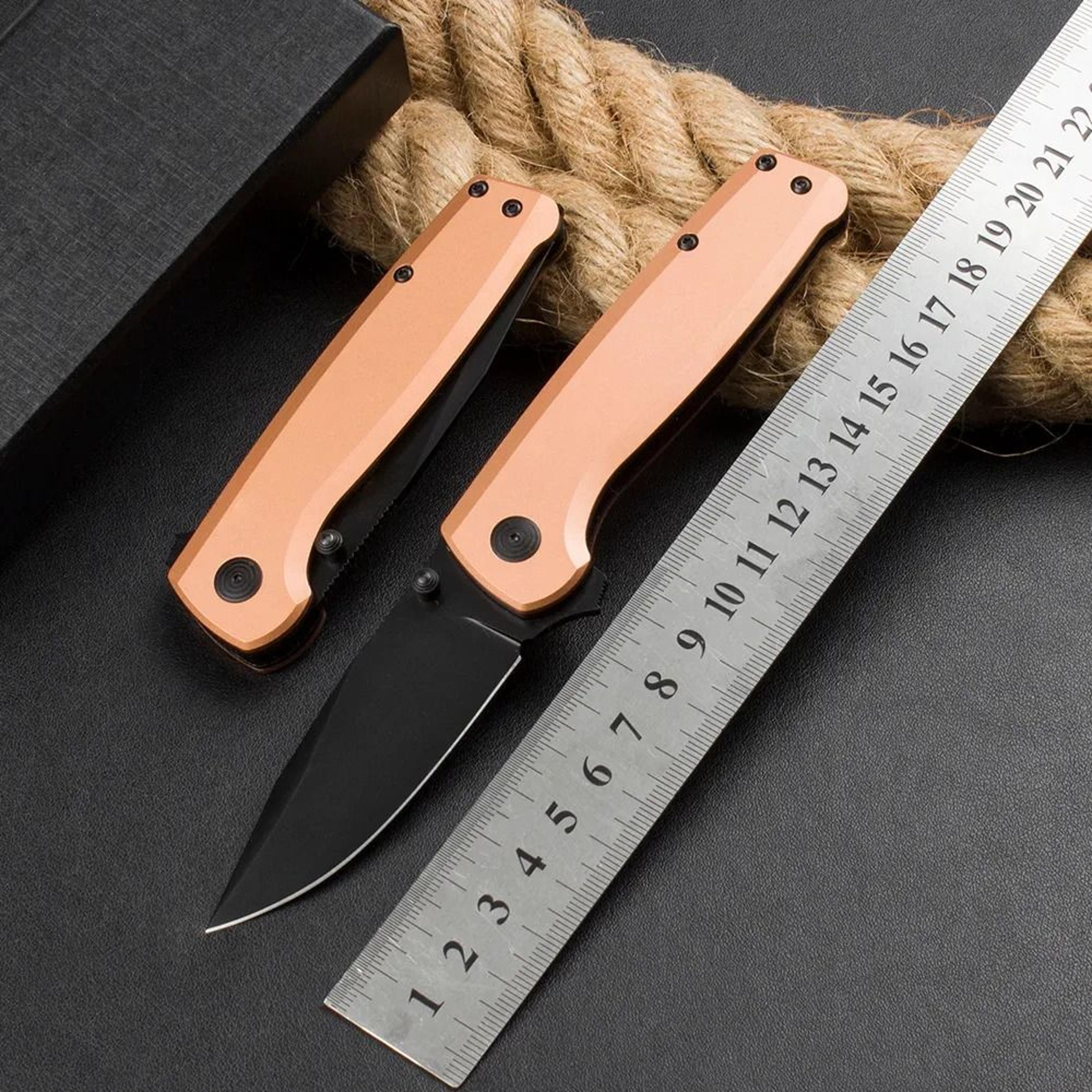 Steel Folding Knife With Black Titanium Drop Point Blade And CNC Copper Handle 2