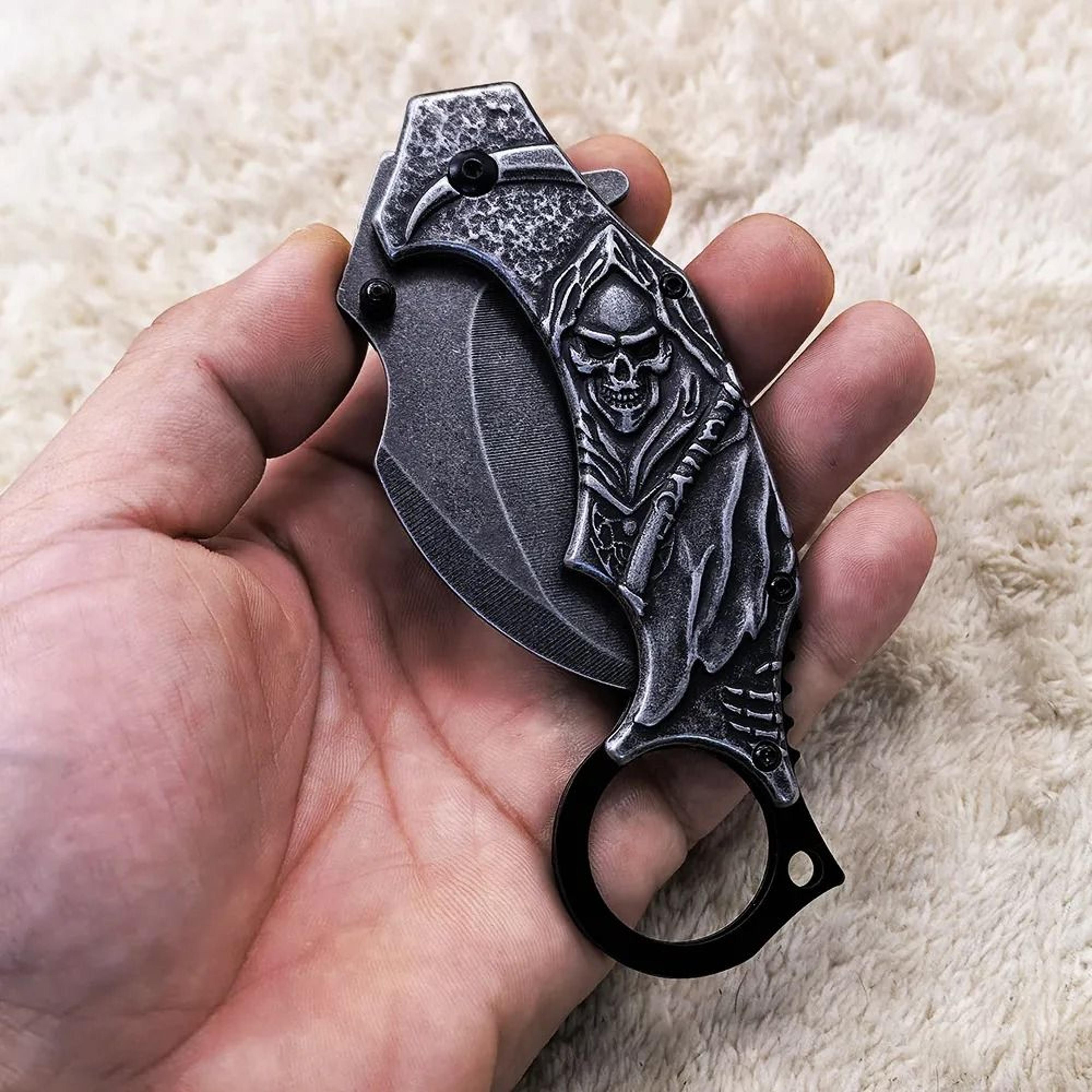 Folding Knife With Stonewash Blade And Stainless Steel Skull Handle 4