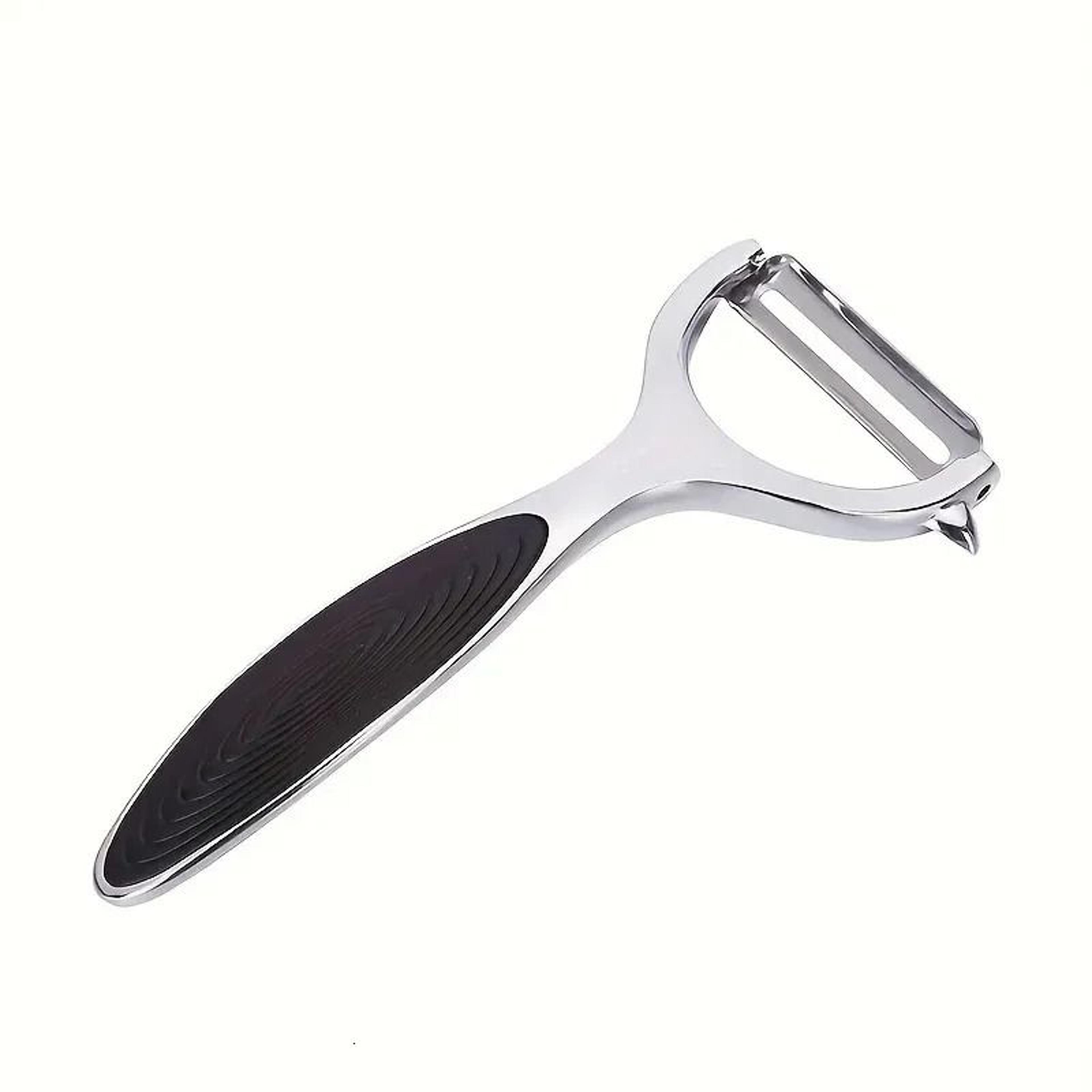 stainless steel vegetable peeler with black handle for peeling slicing and grating