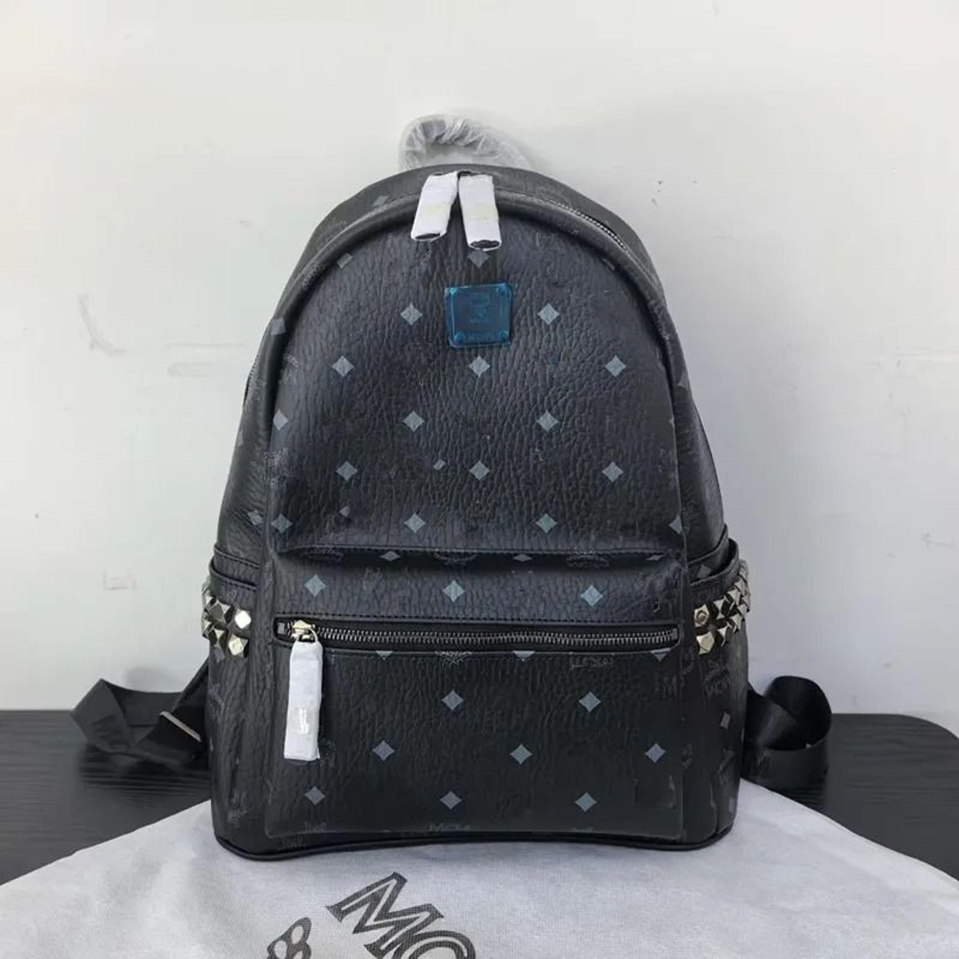 Studded Cognac Brown Backpack With Monogram And Pyramid Rivet Detail 2
