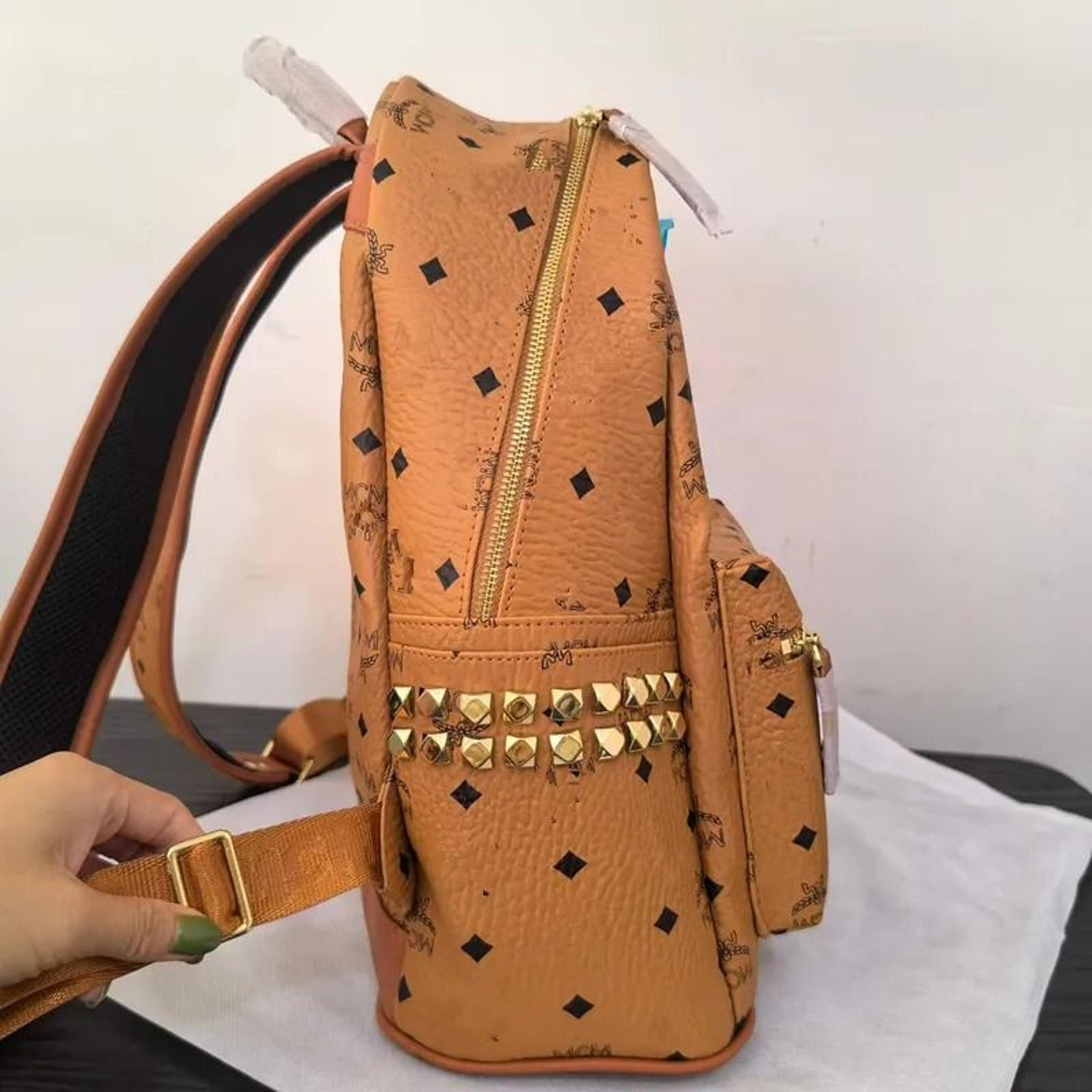 Studded Cognac Brown Backpack With Monogram And Pyramid Rivet Detail 5