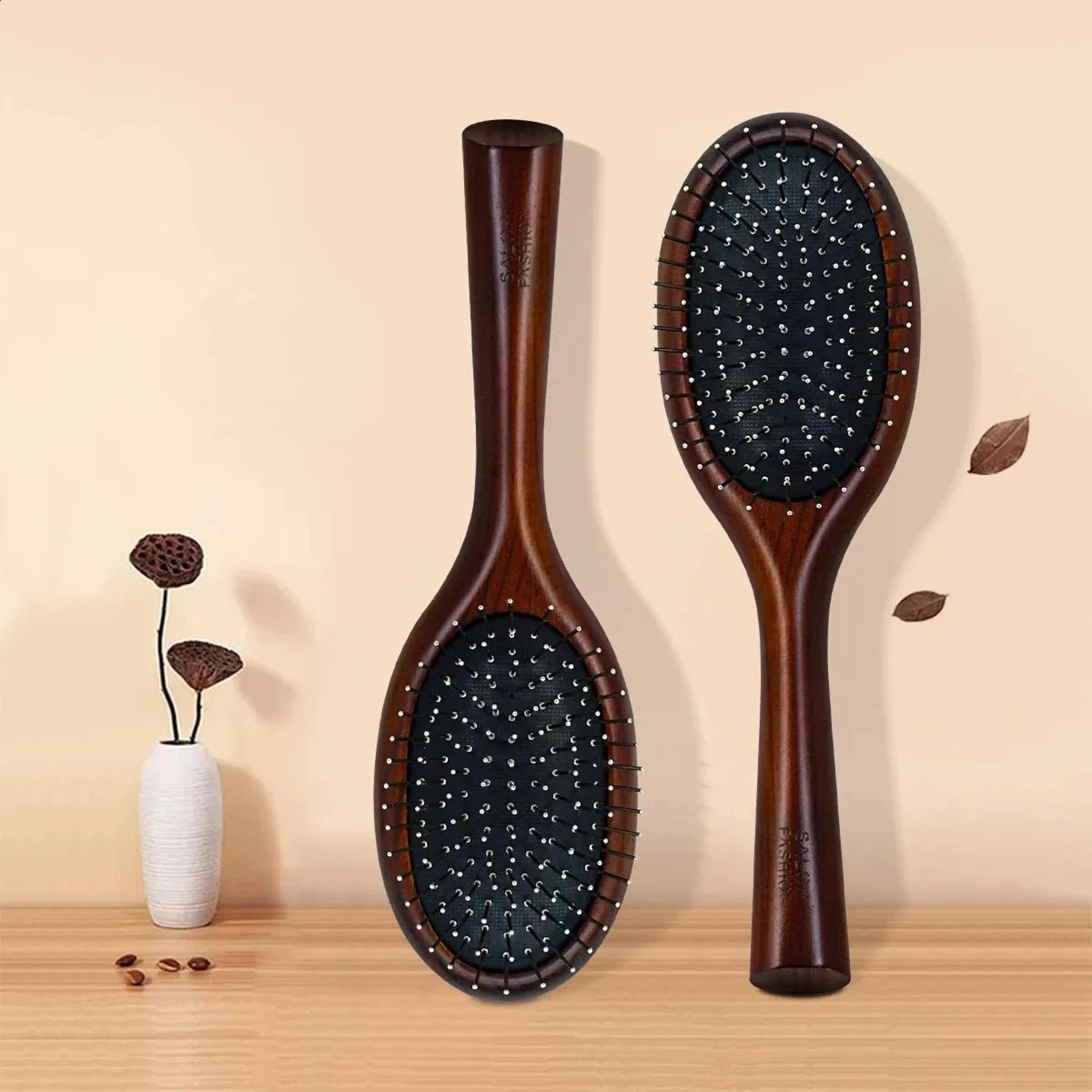 natural wooden paddle hair brush with metal bristles and air cushion scalp massage design