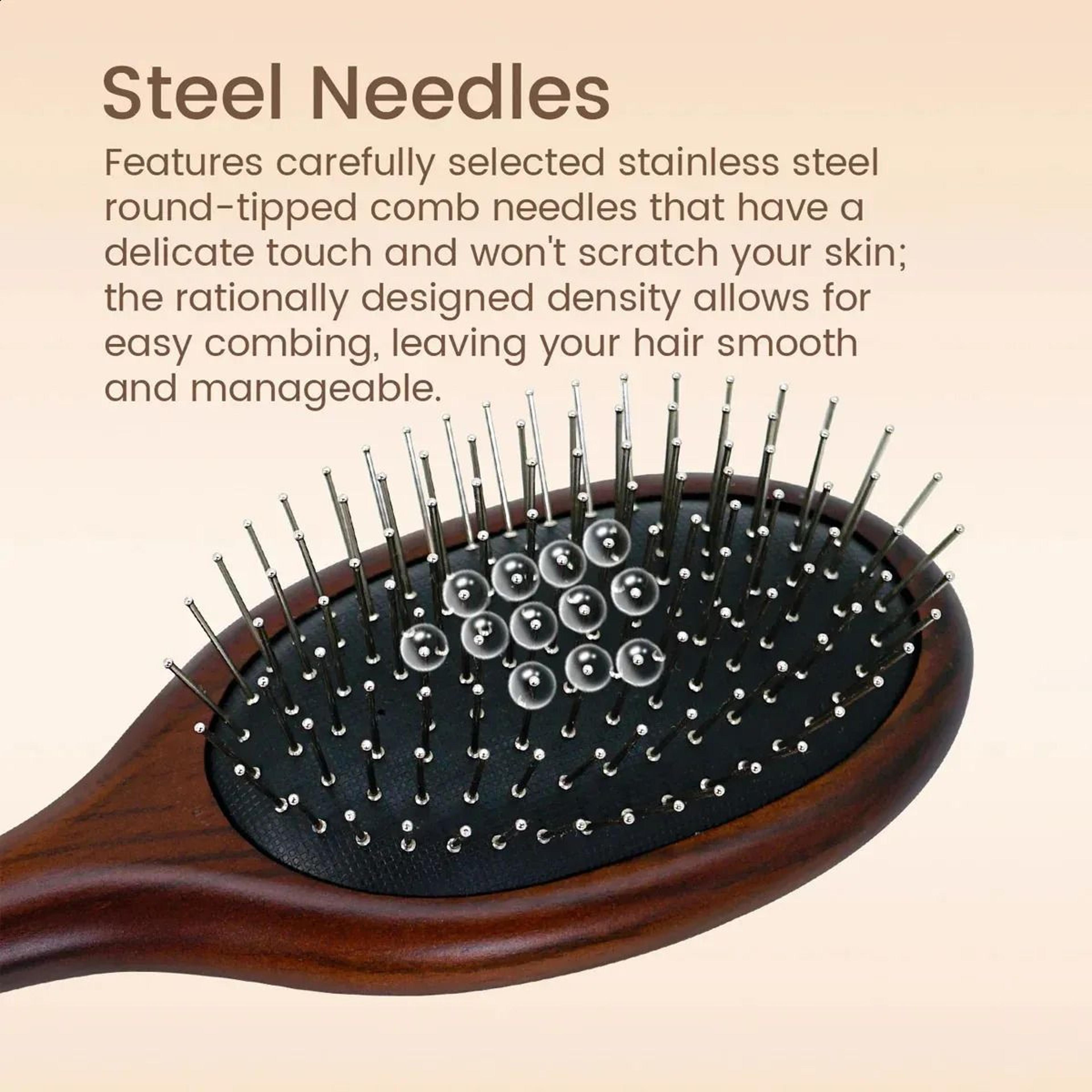 Natural Wooden Paddle Hair Brush With Metal Bristles And Air Cushion Scalp Massage Design 2