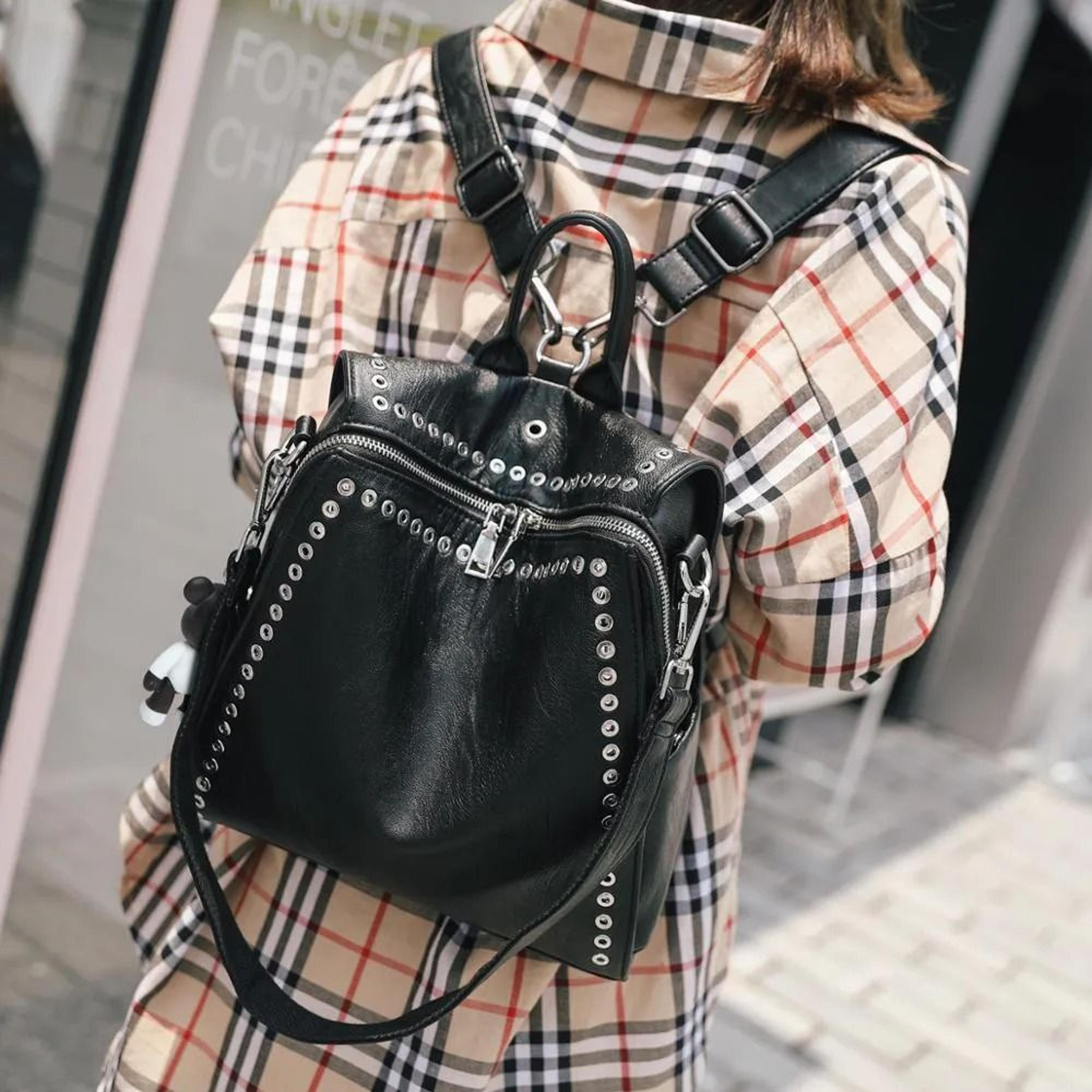 Womens Genuine Leather AntiTheft Rivet Backpack 1