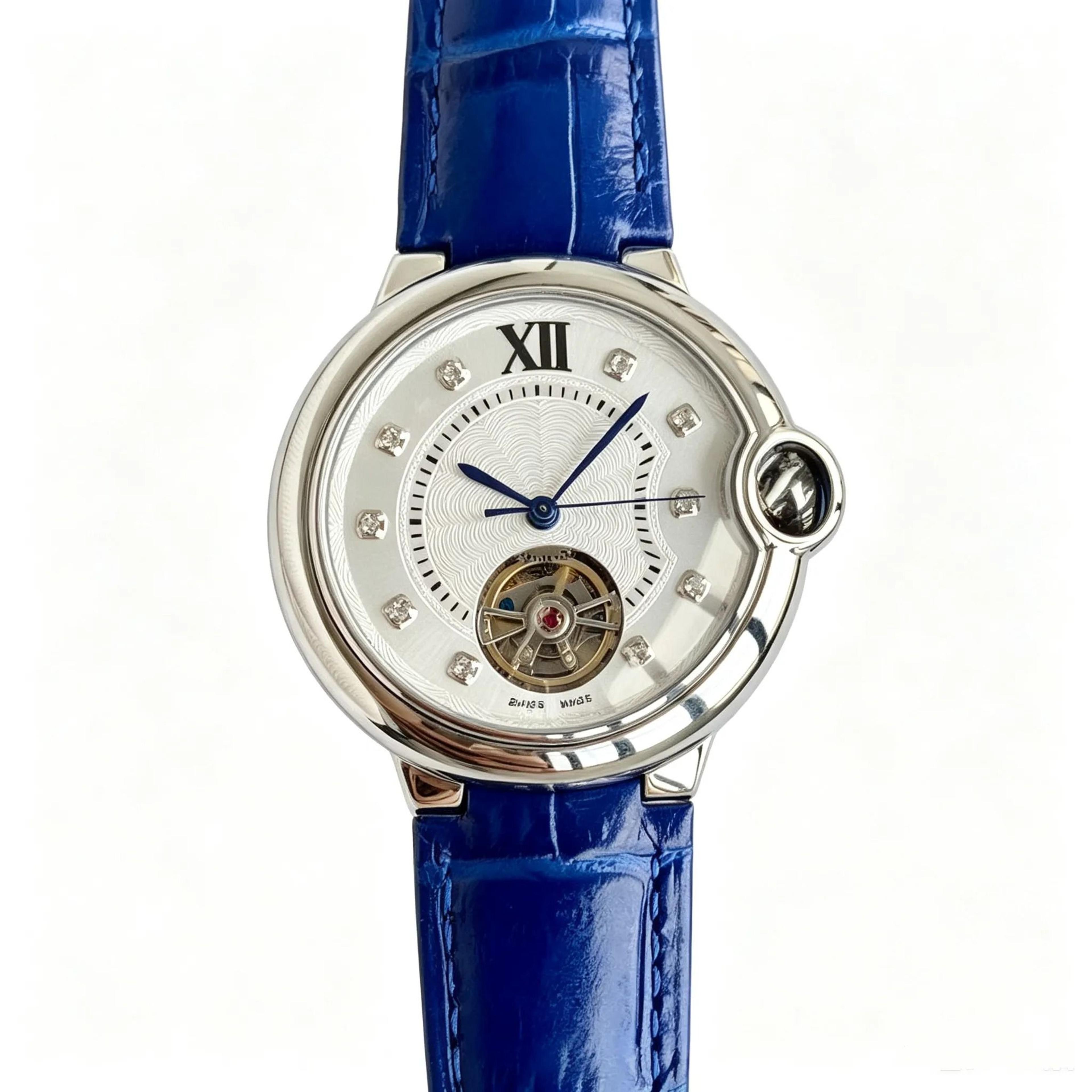 Automatic Womens Watch With Open Flywheel Crocodile Strap And Shiny Silver Bubble Case 0
