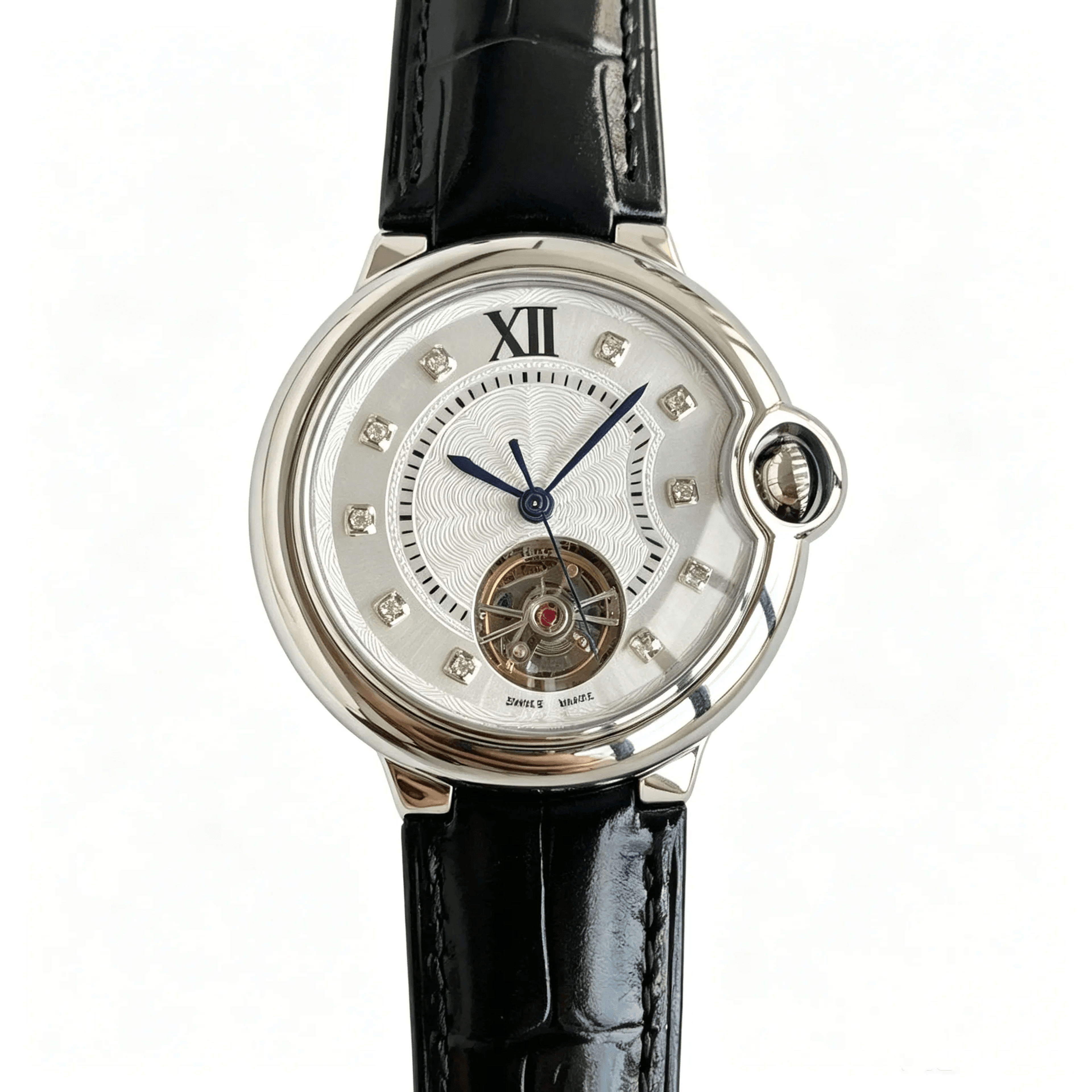 Automatic Womens Watch With Open Flywheel Crocodile Strap And Shiny Silver Bubble Case 1