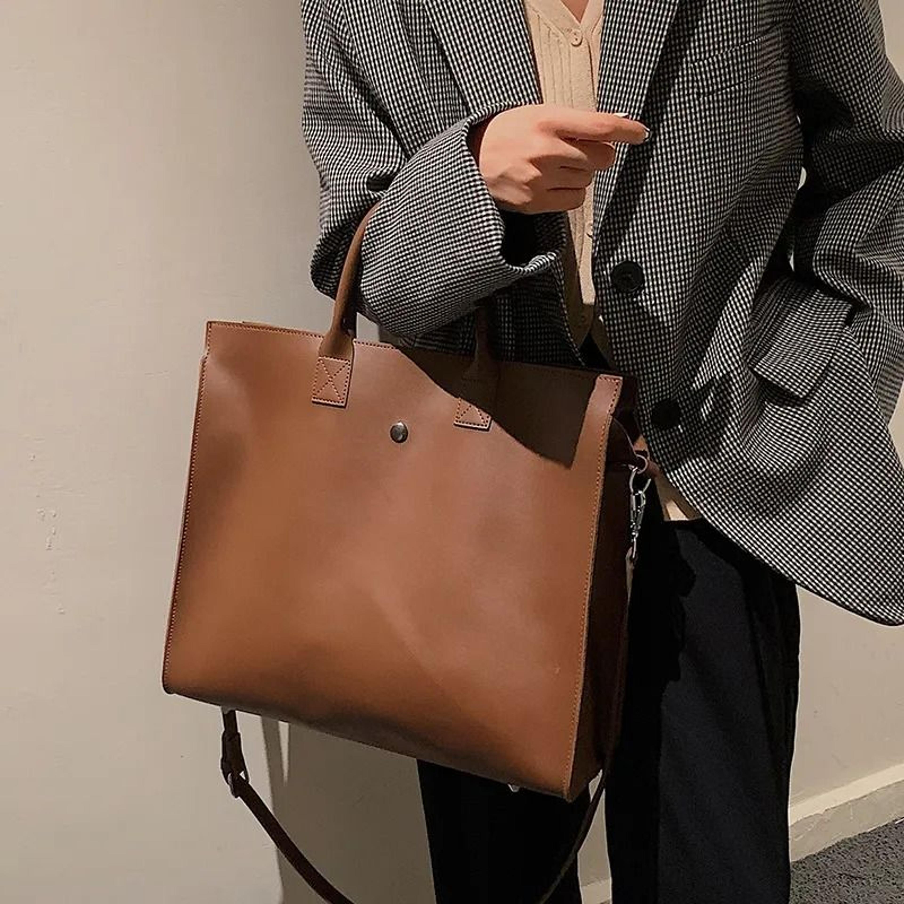 Solid Brown Large Tote Bag With Magnetic Snap And Detachable Crossbody Strap 3