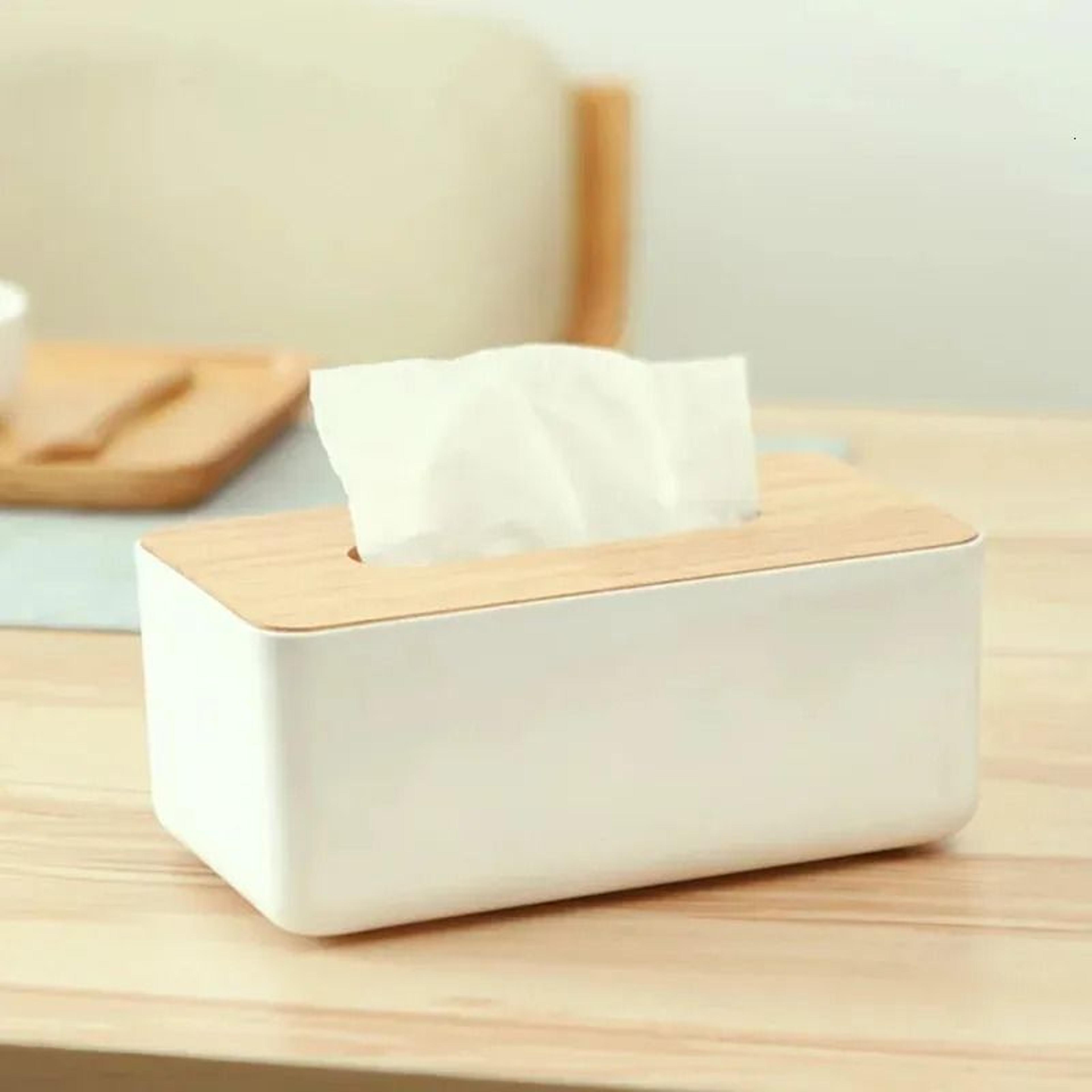 Minimalist Tissue Box Cover With Wooden Top And Dustproof PP Organizer 1