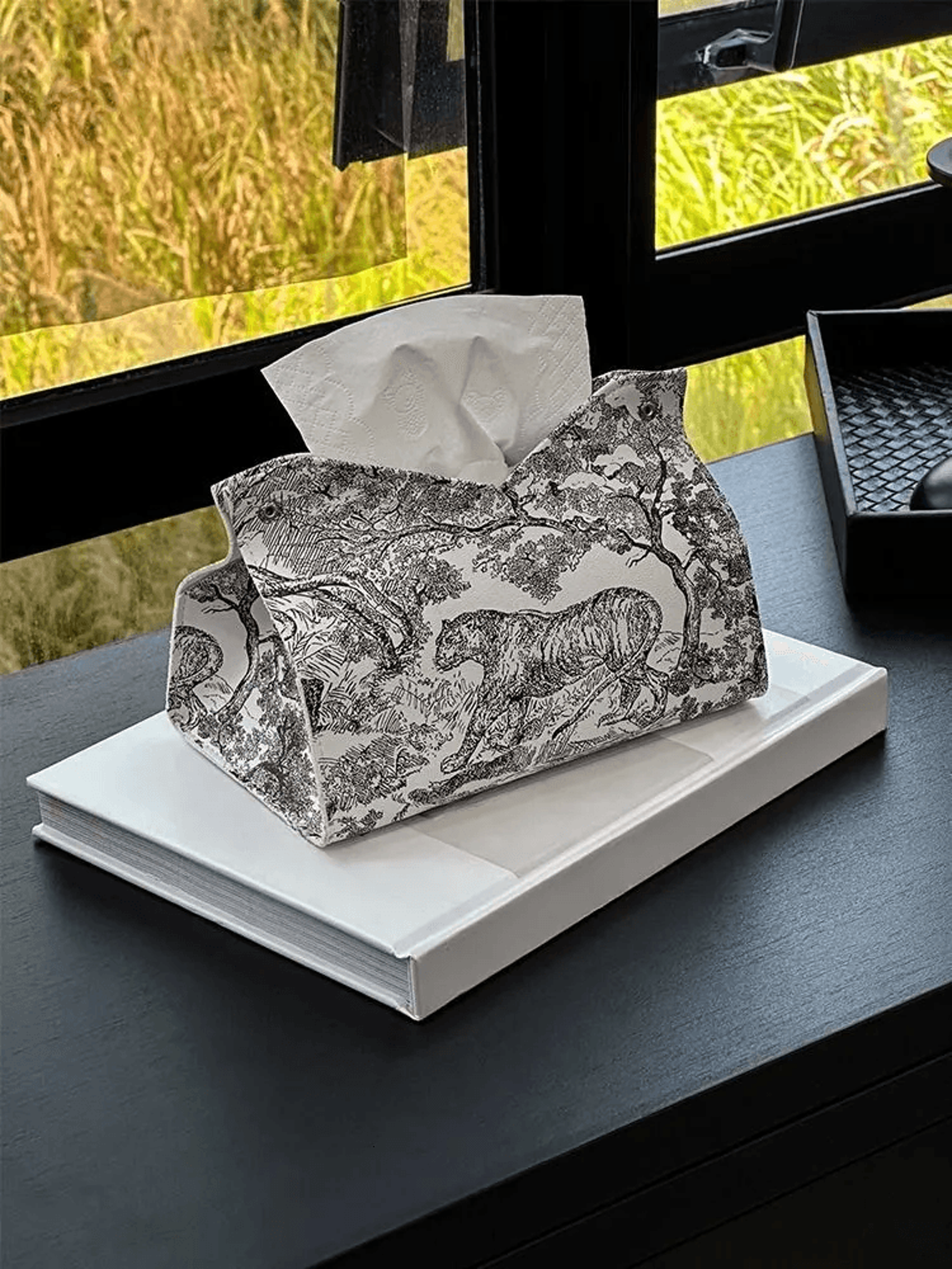vintage leather tissue box cover with ink-printed design