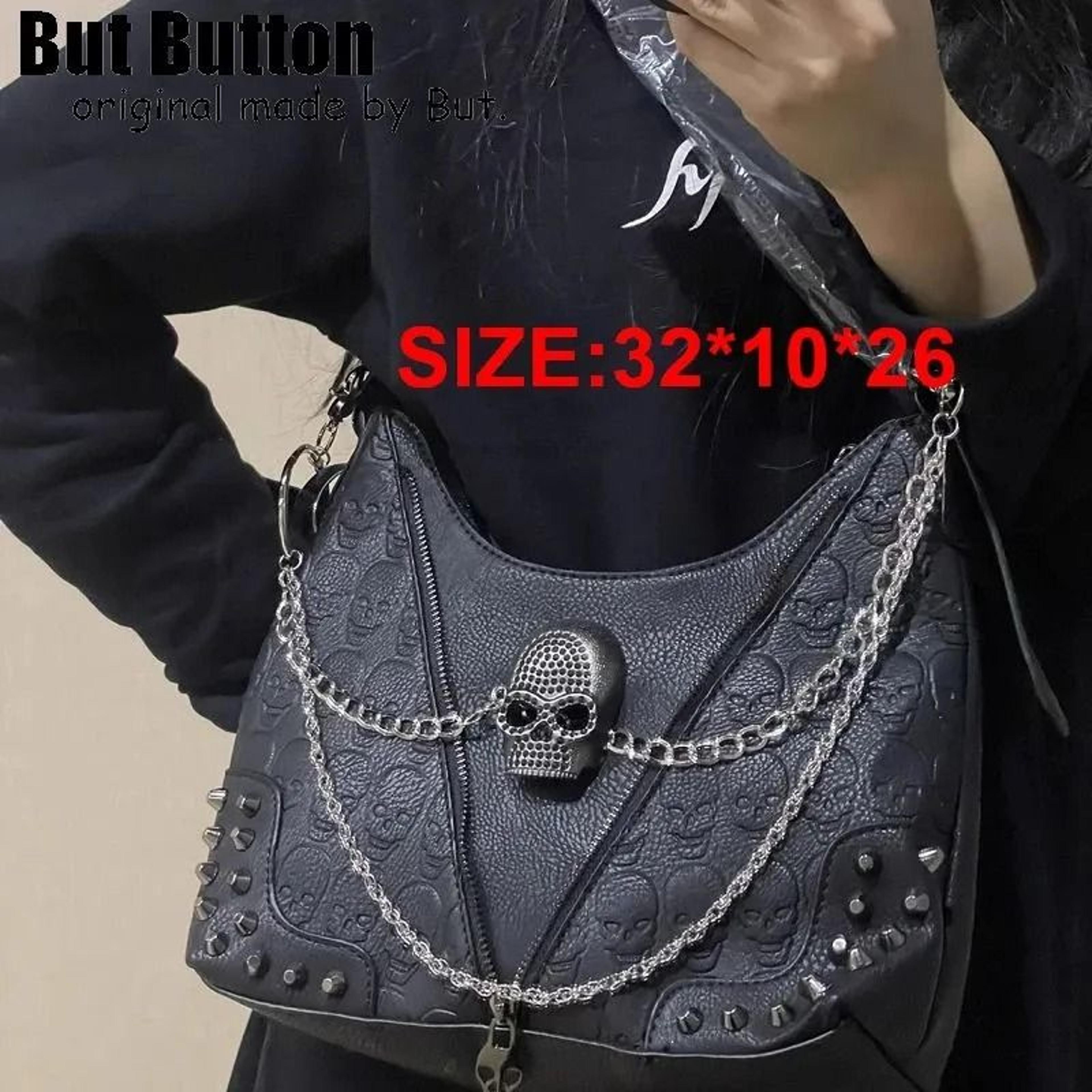 Gothic Punk Womens Tote Bag With Rivet Chain And Skull Detail 1