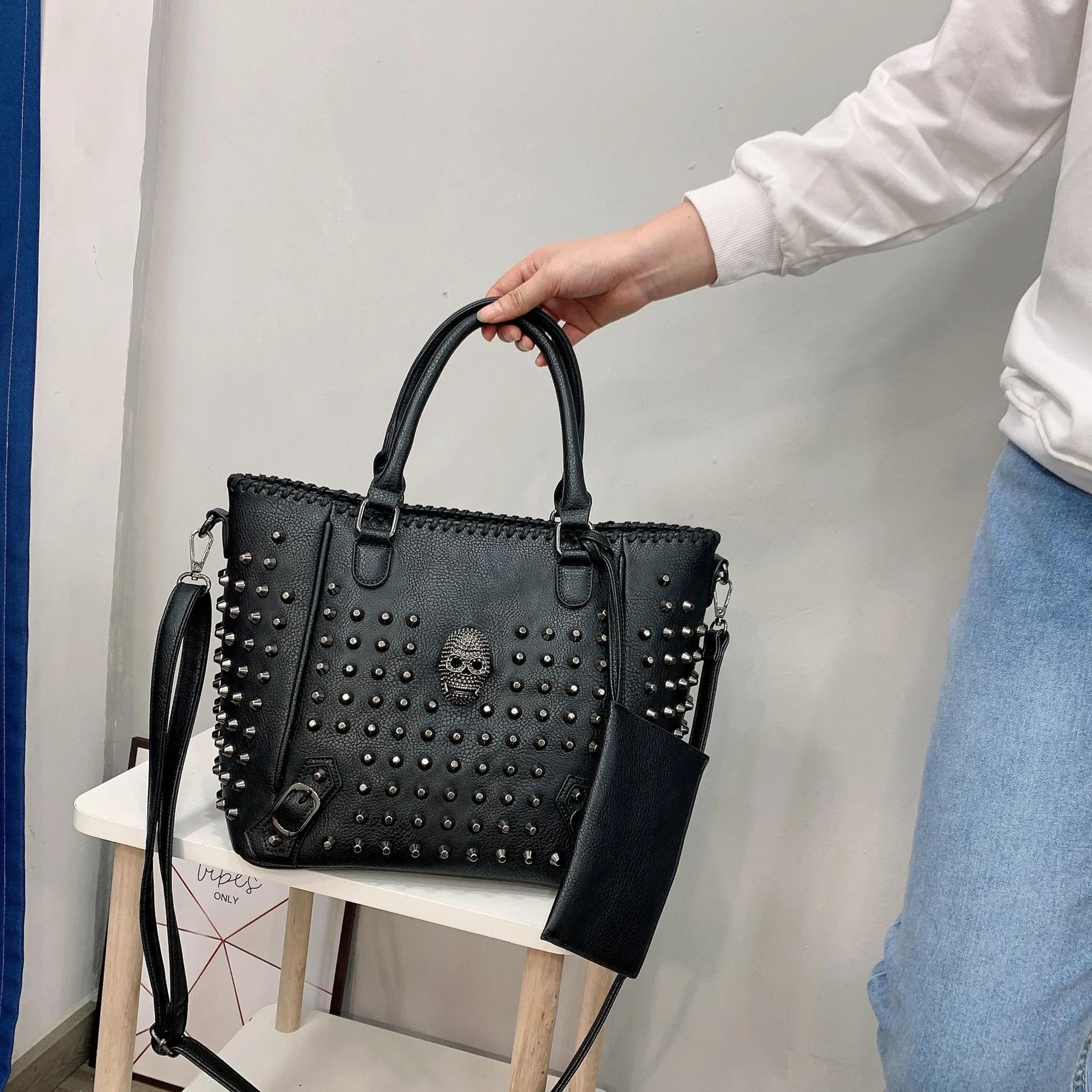 Studded Punk Tote Shoulder Bag With Skull Decor And Detachable Coin Purse 1
