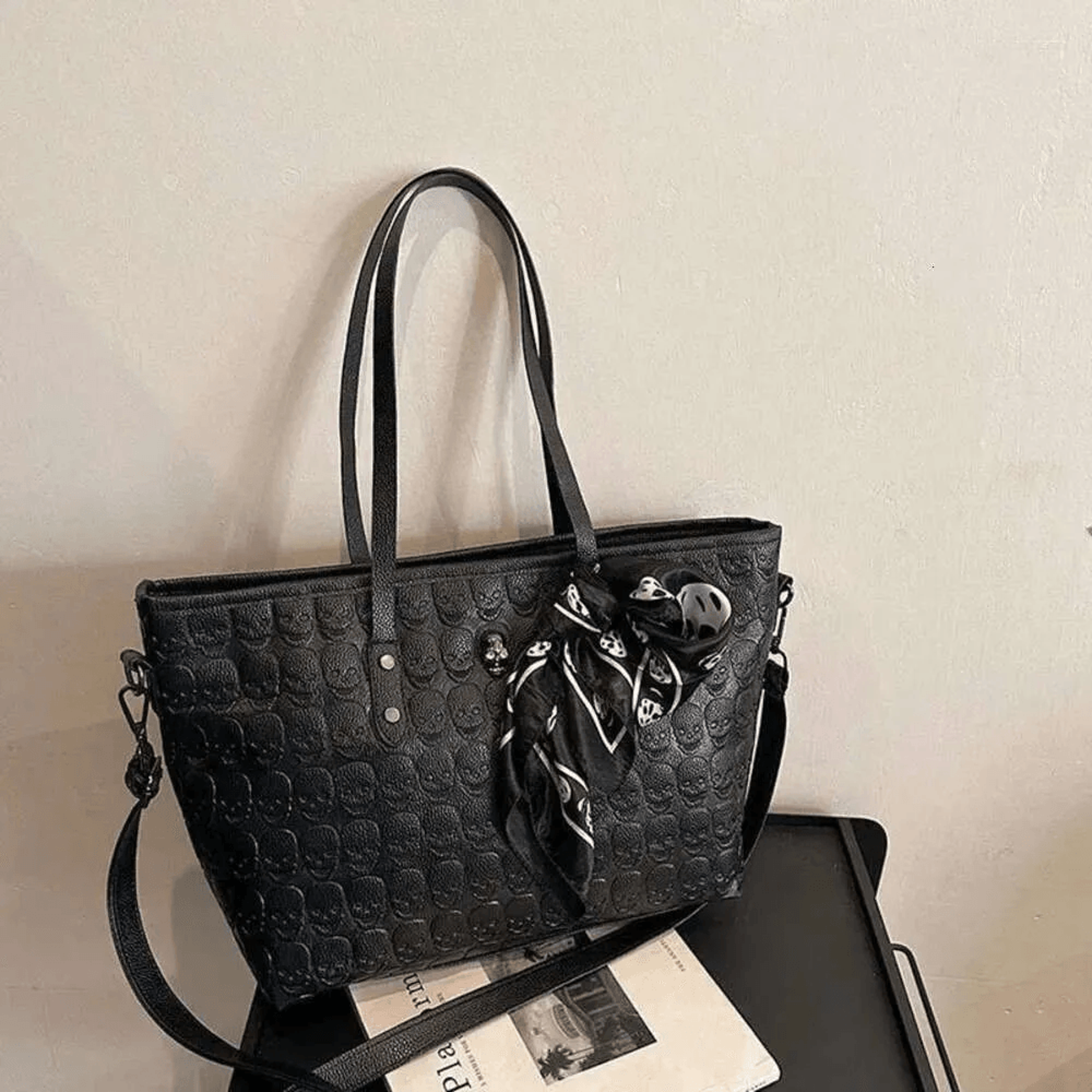 Large Skull Print Shoulder Bag With Rivet Accents And Silk Scarf 0