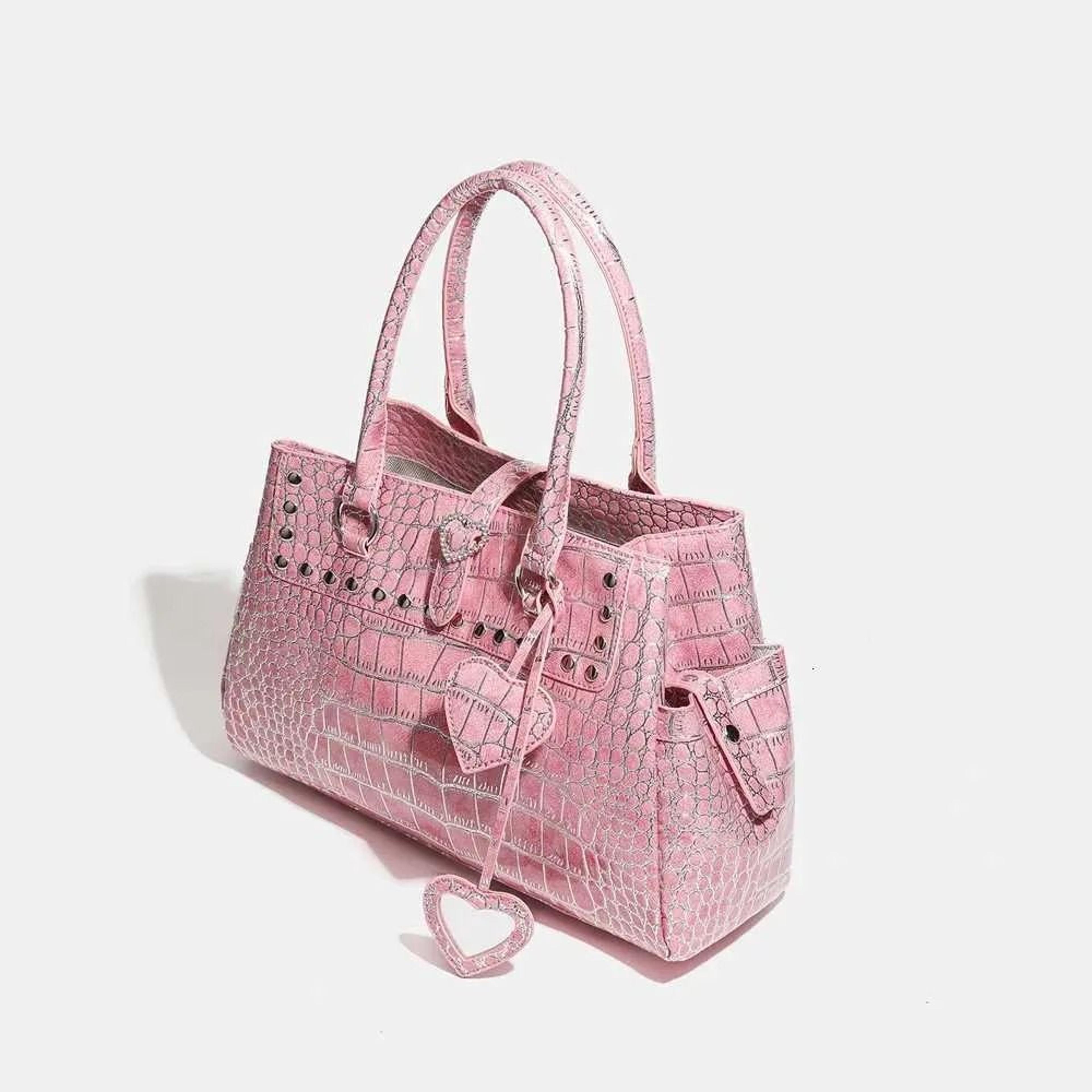 Crocodile Pattern Shoulder Handbag With Rivets And Heart Pendants 2