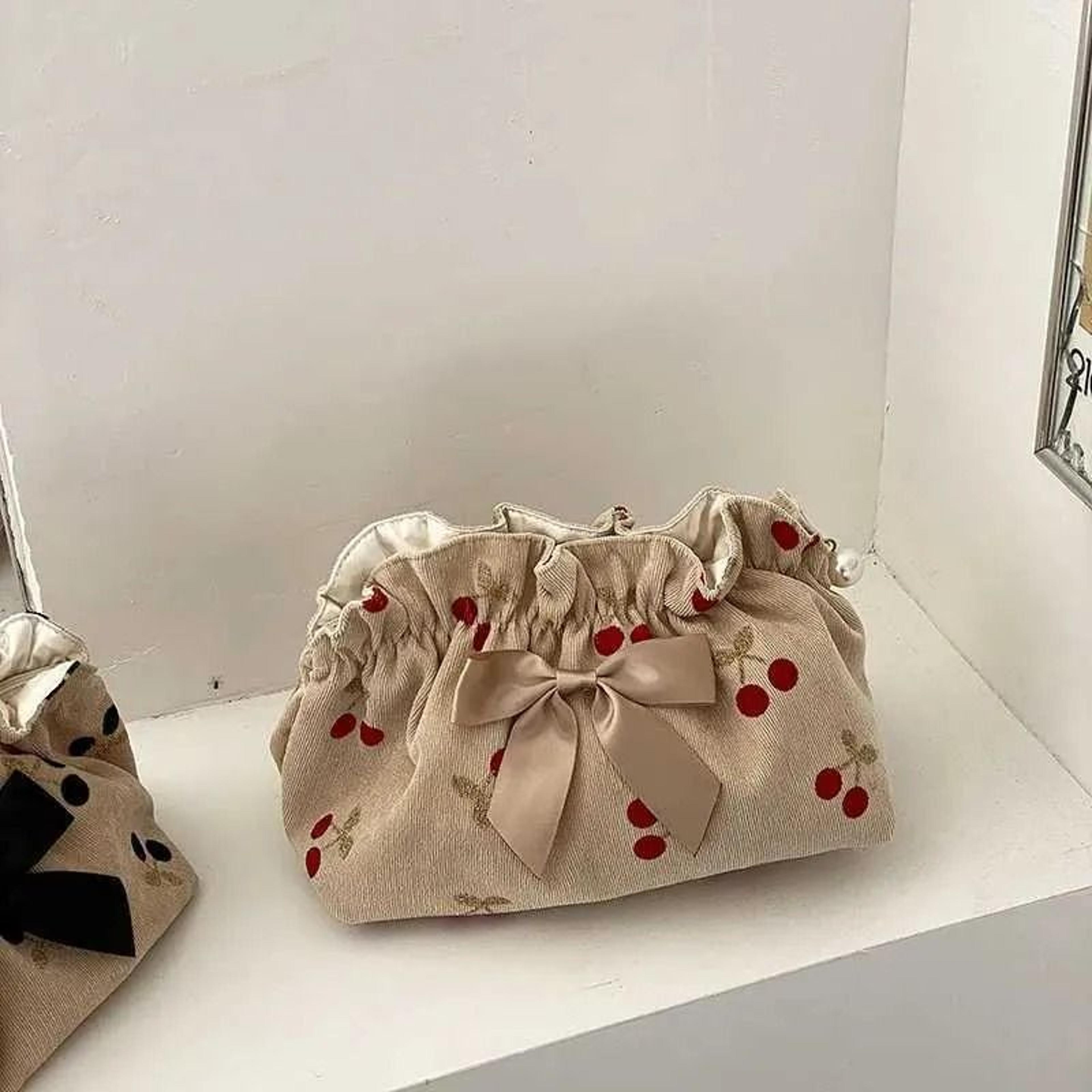 Soft Corduroy Makeup Bag With Cherry Design And Bowknot Zipper Pouch 0