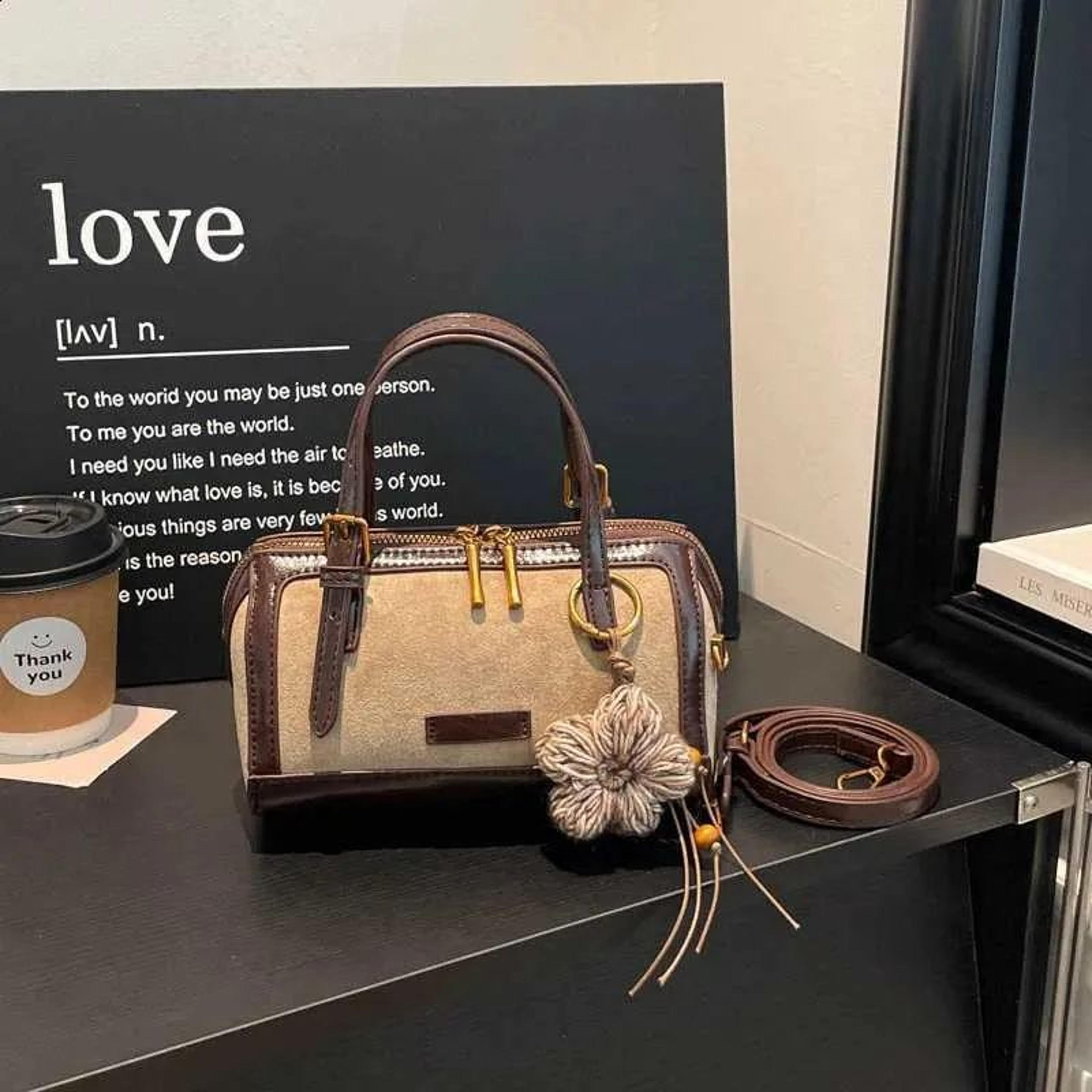 Vintage Mini Boston Crossbody Bag For Women With Faux Suede Patchwork And Flower Pendant 5