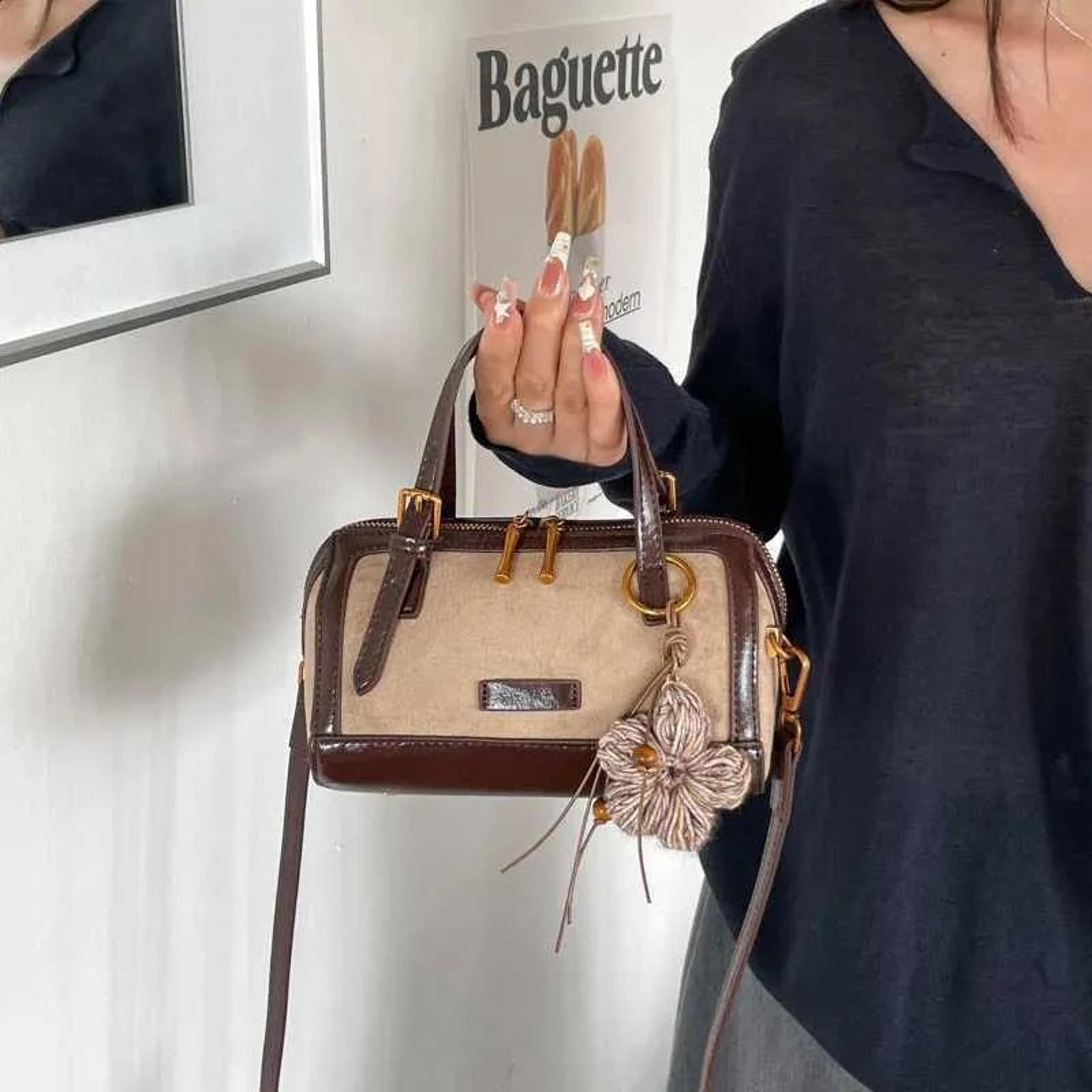 Vintage Mini Boston Crossbody Bag For Women With Faux Suede Patchwork And Flower Pendant 6