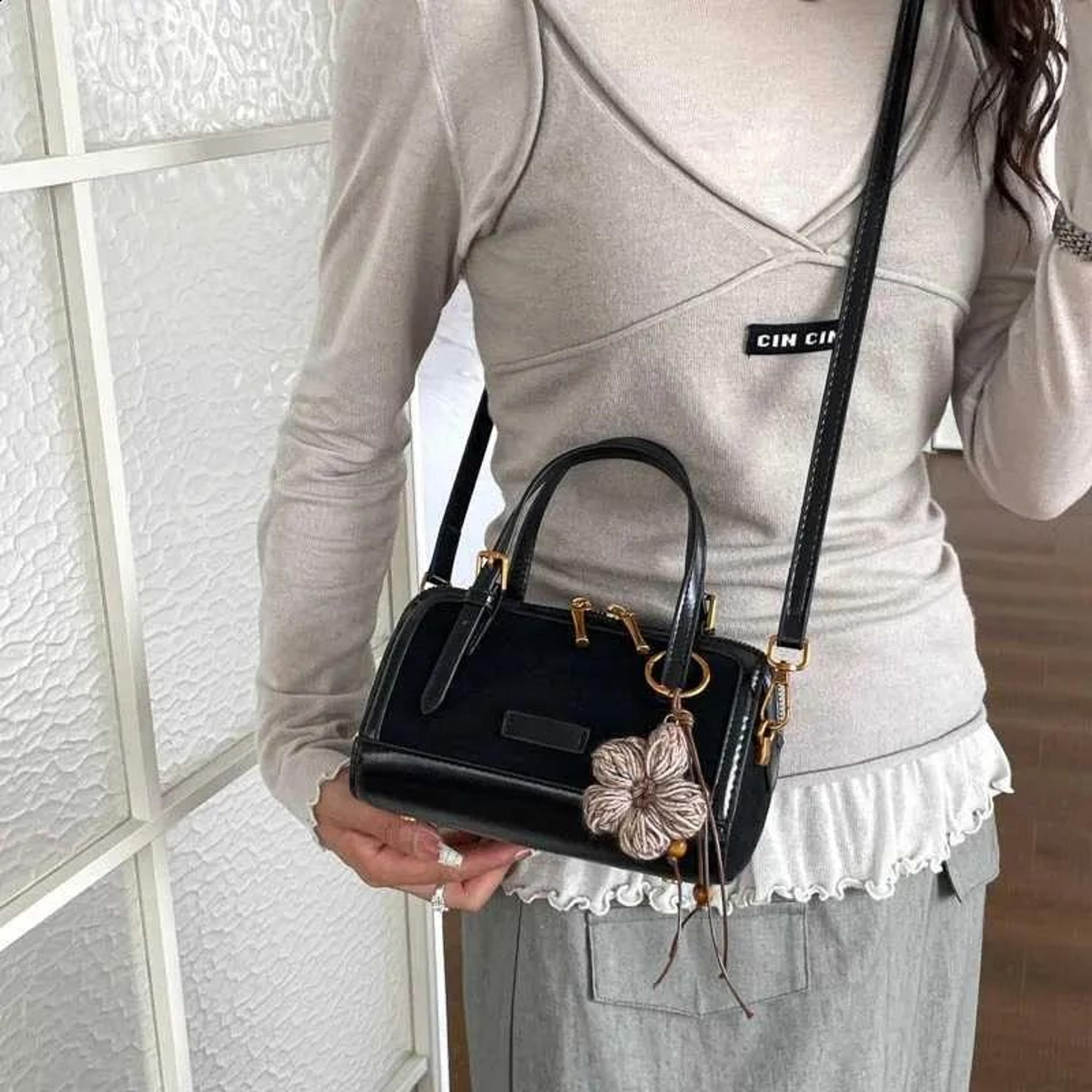 Vintage Mini Boston Crossbody Bag For Women With Faux Suede Patchwork And Flower Pendant 8