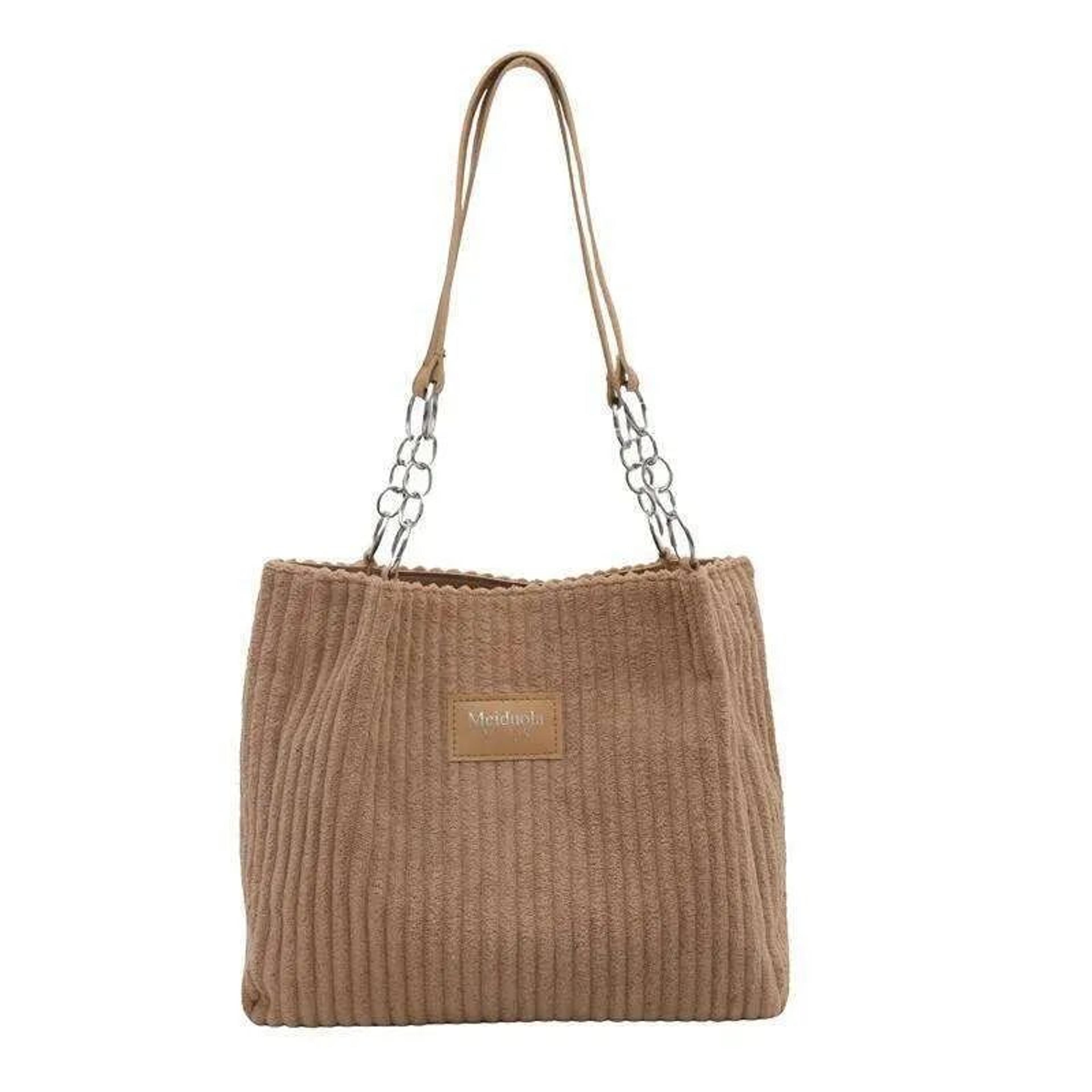 Women Corduroy Tote Bag With Leather Accents And Chain Strap 2