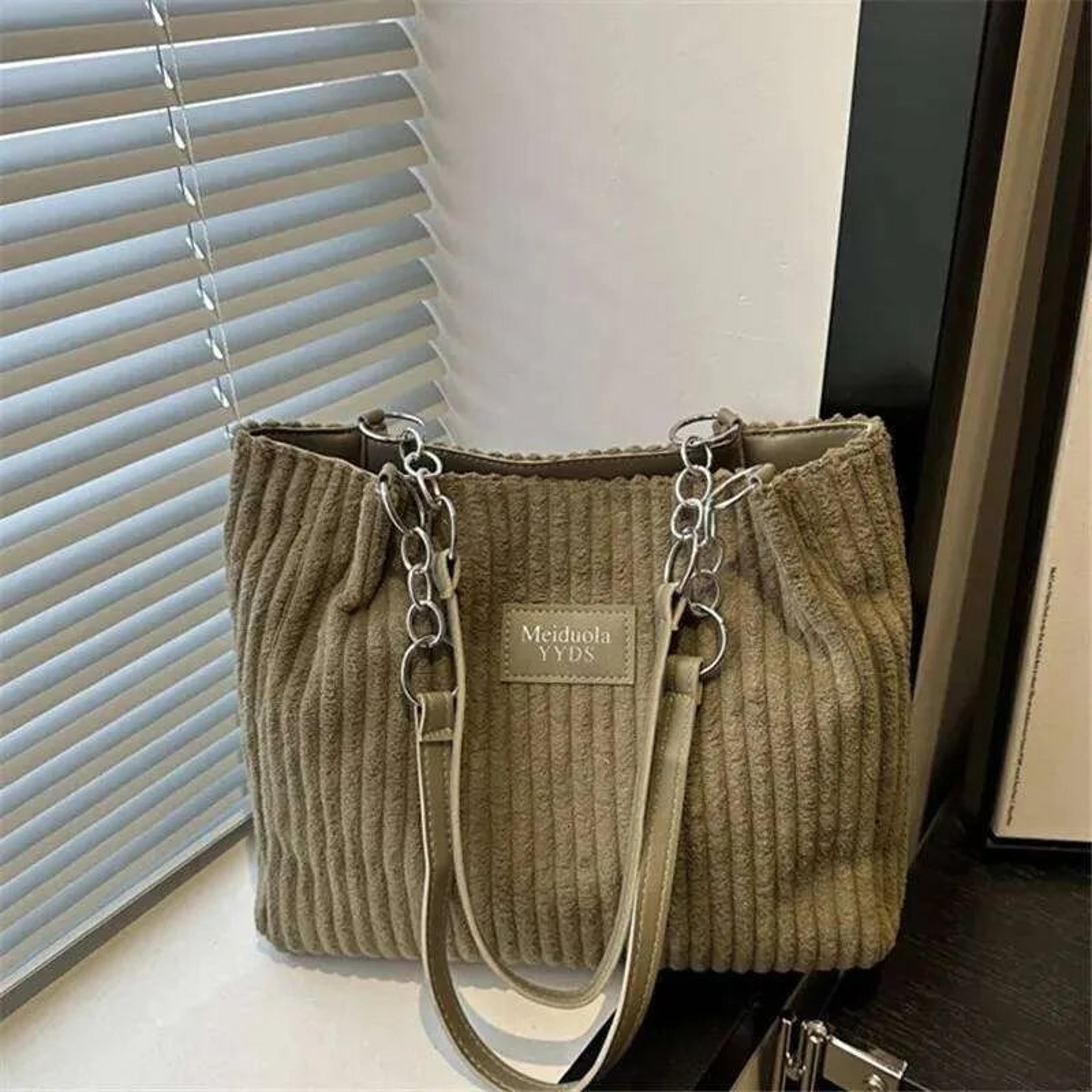 Women Corduroy Tote Bag With Leather Accents And Chain Strap 4