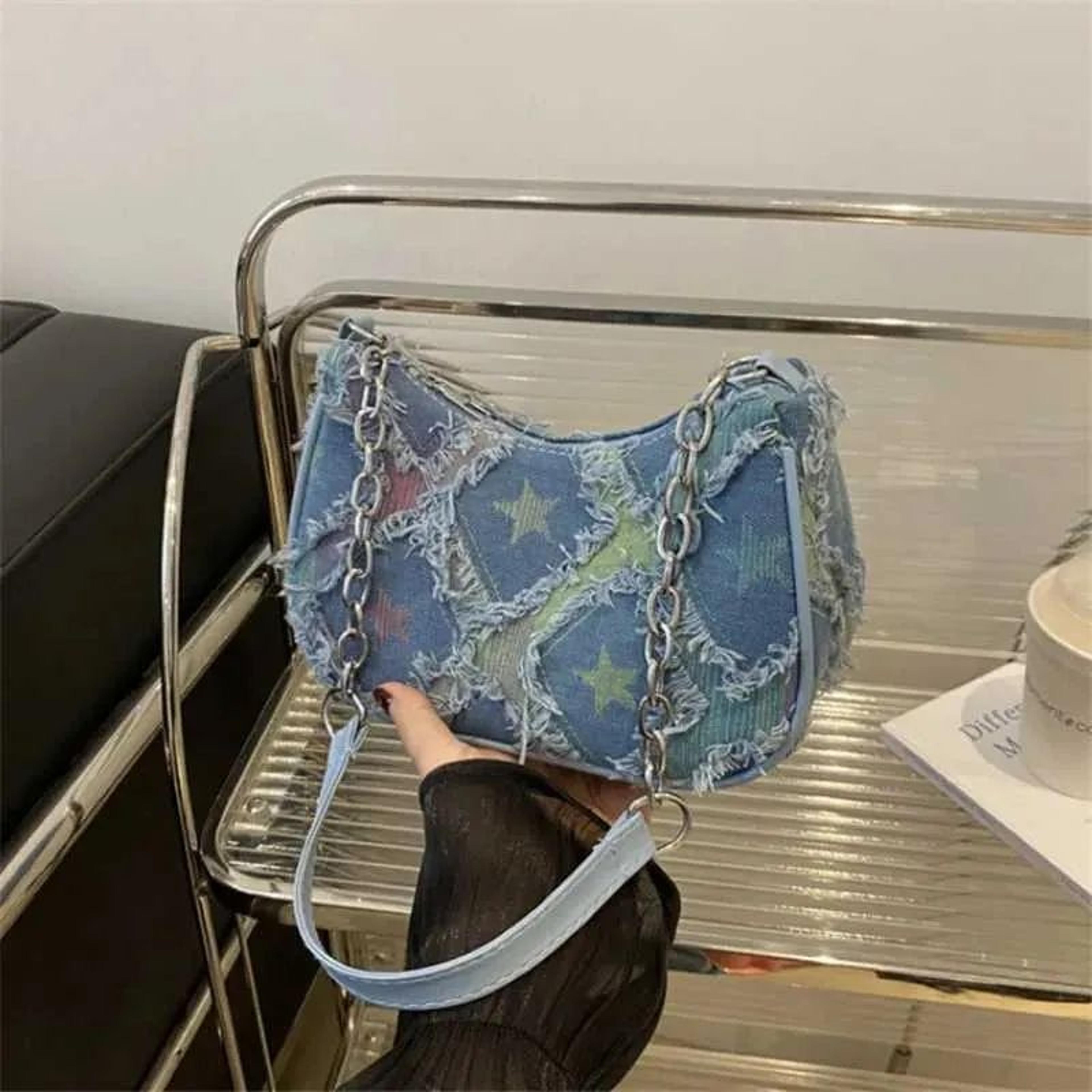 Womens Blue Distressed Star Pattern Tote Bag With GoldTone Hardware 4