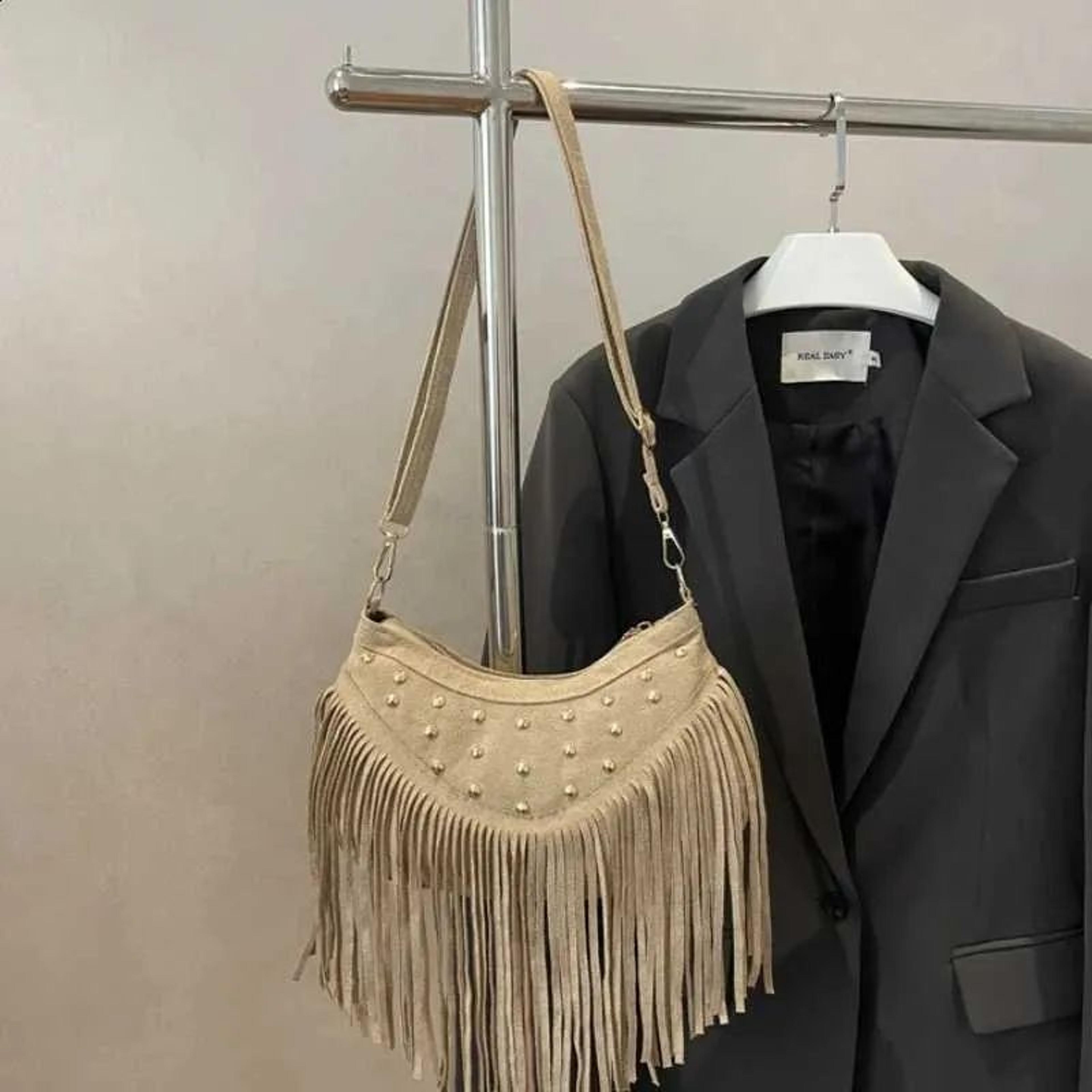 Suede Fringe Shoulder Bag With Metal Studs And Vintage Crescent Design 3