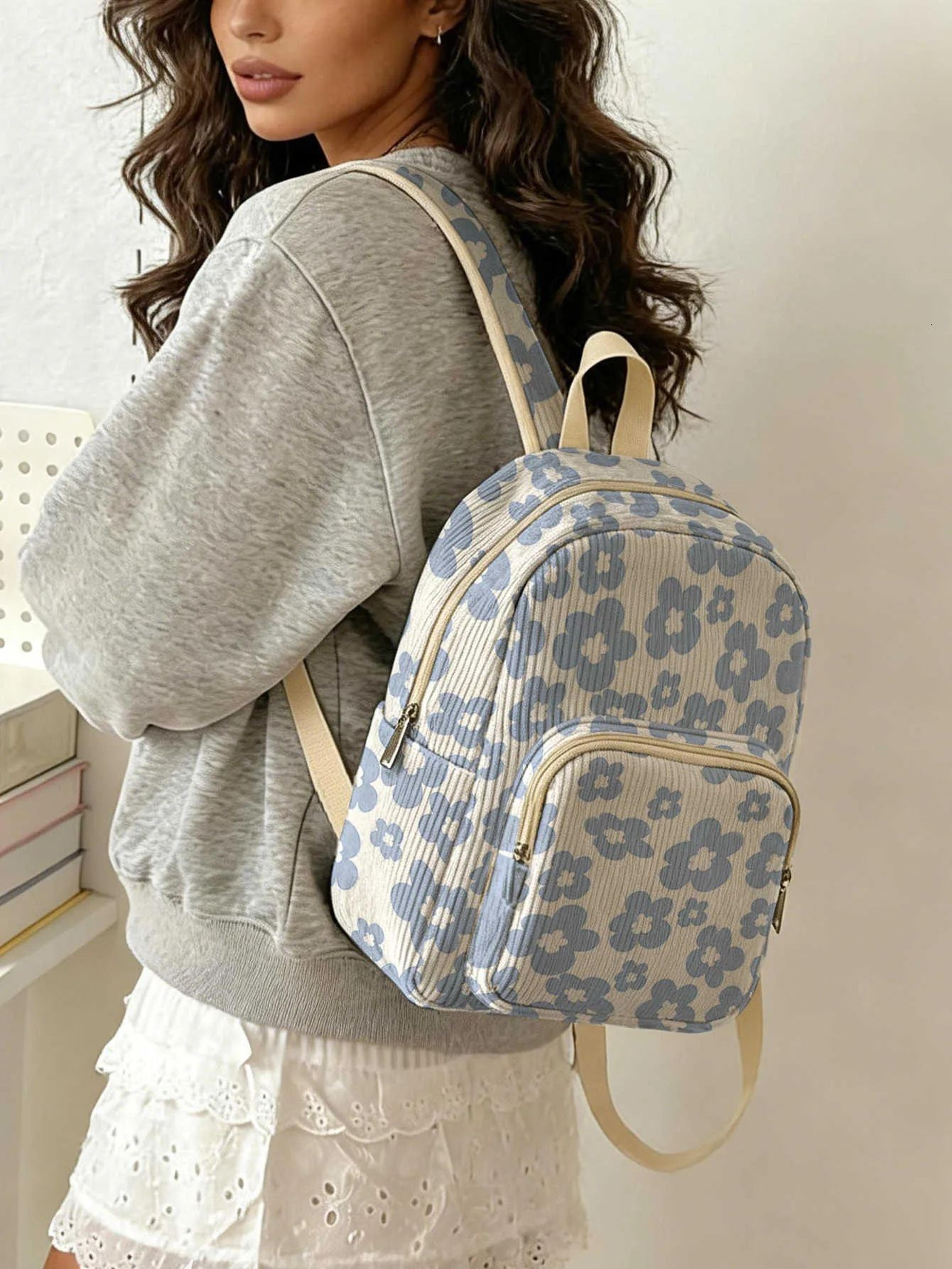floral light blue corduroy backpack for women with multiple pockets