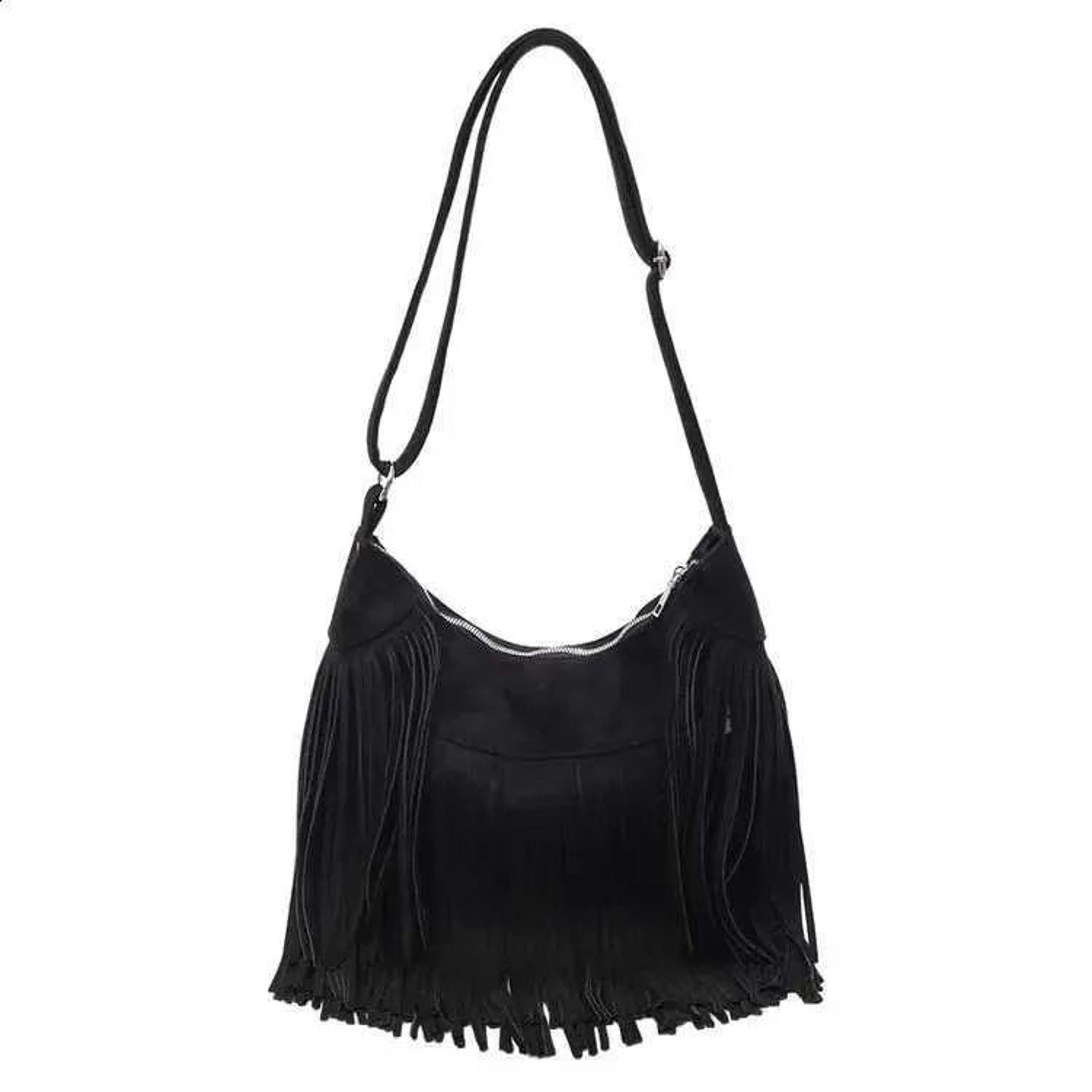 Womens Large Camel Suede Hobo Shoulder Bag With Long Fringe And Zipper Closure 2