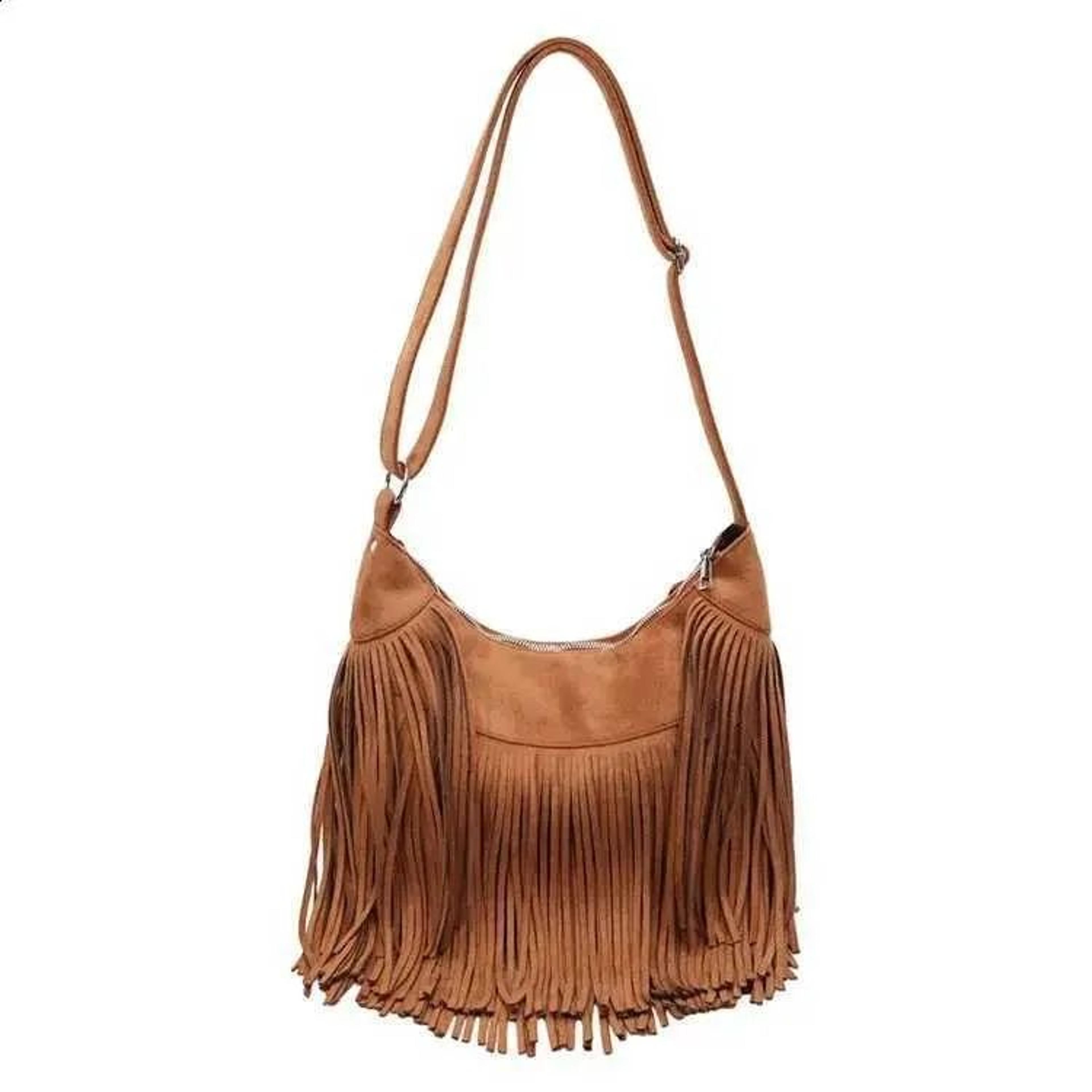 Womens Large Camel Suede Hobo Shoulder Bag With Long Fringe And Zipper Closure 3