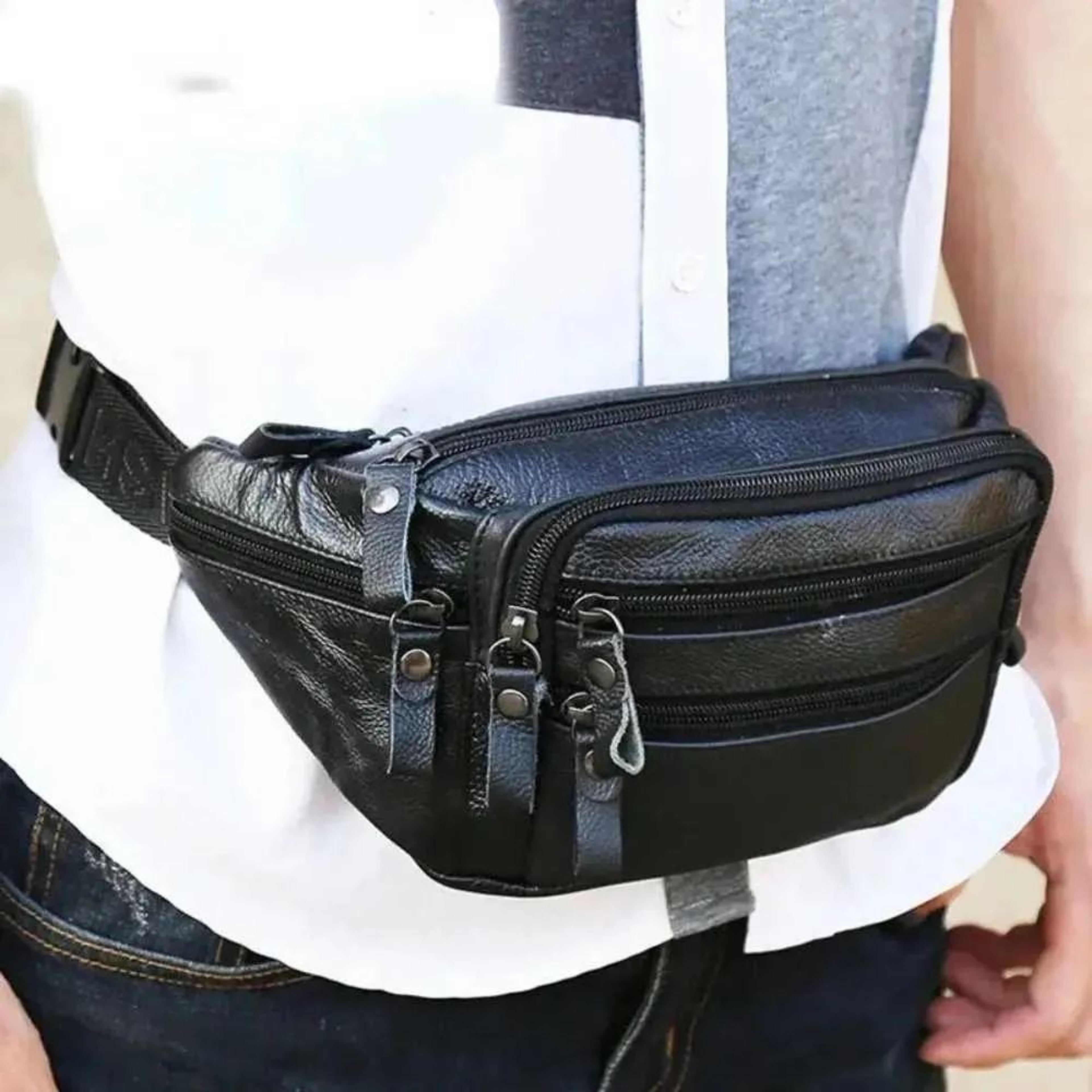 mens pu leather waist bag with multi-layer zippered storage for travel