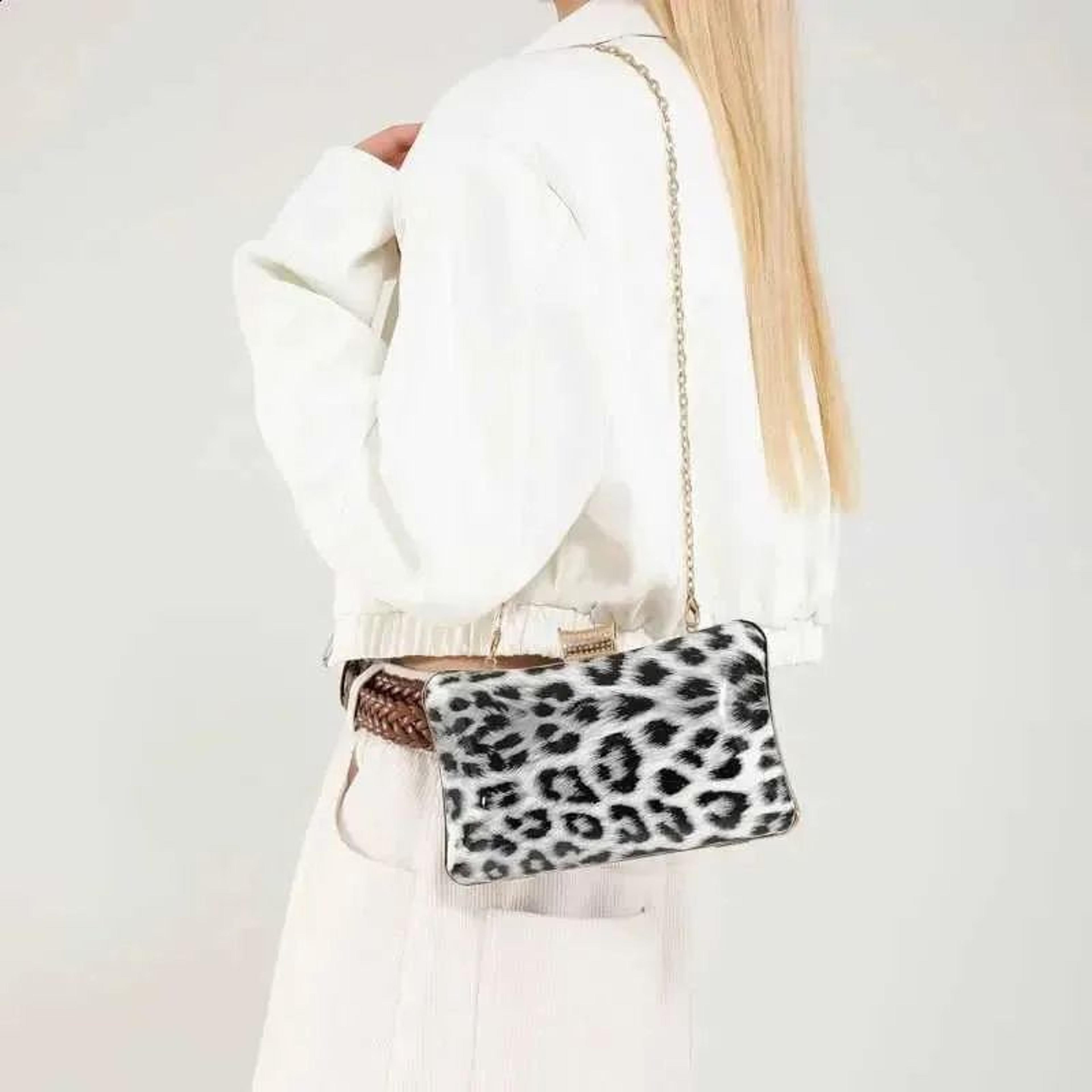 Leopard Print Metal Box Clutch Handbag With Chain Crossbody Strap 4