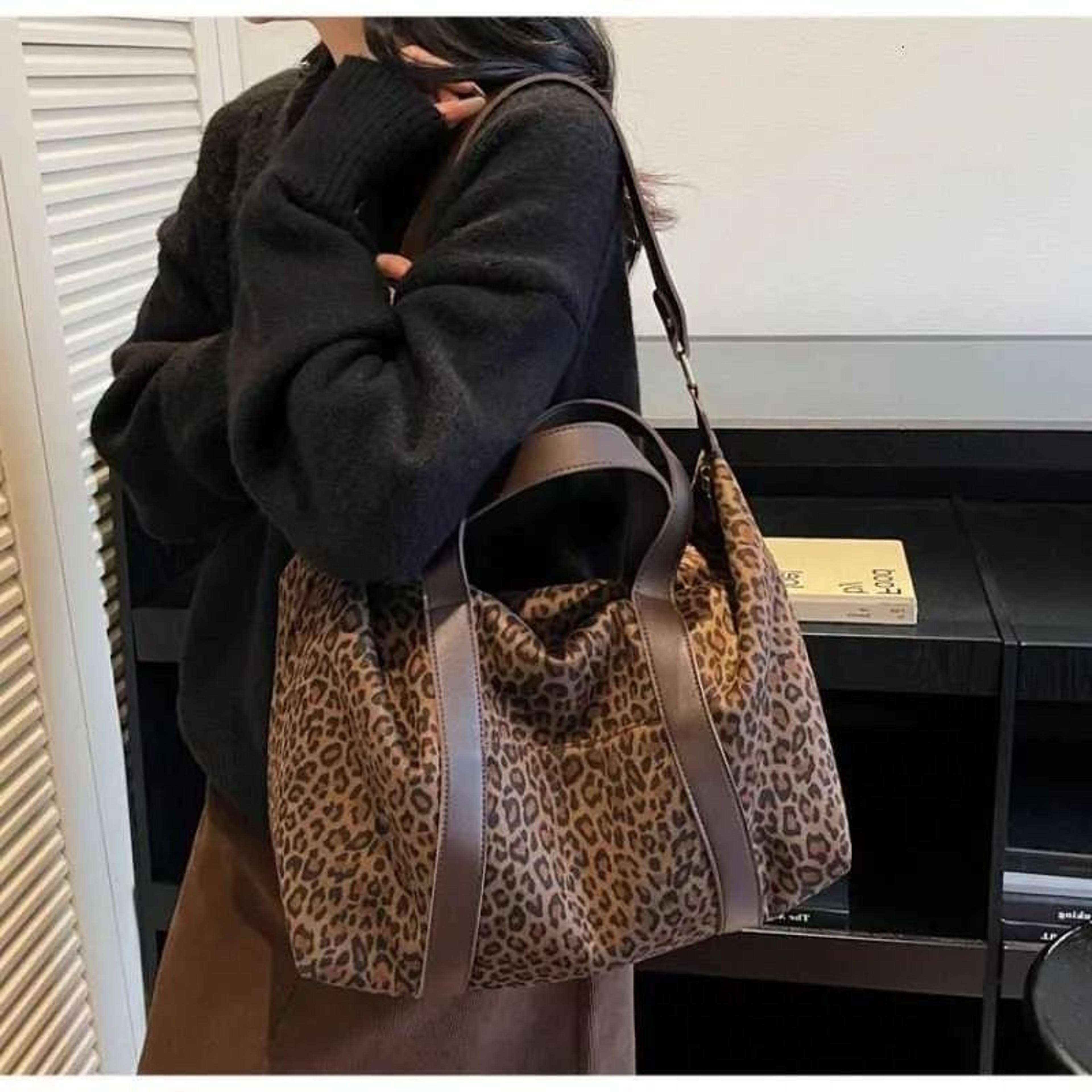 Womens Leopard Print Suede Boston Bag With Spacious Interior And Dual Carry Handles 4