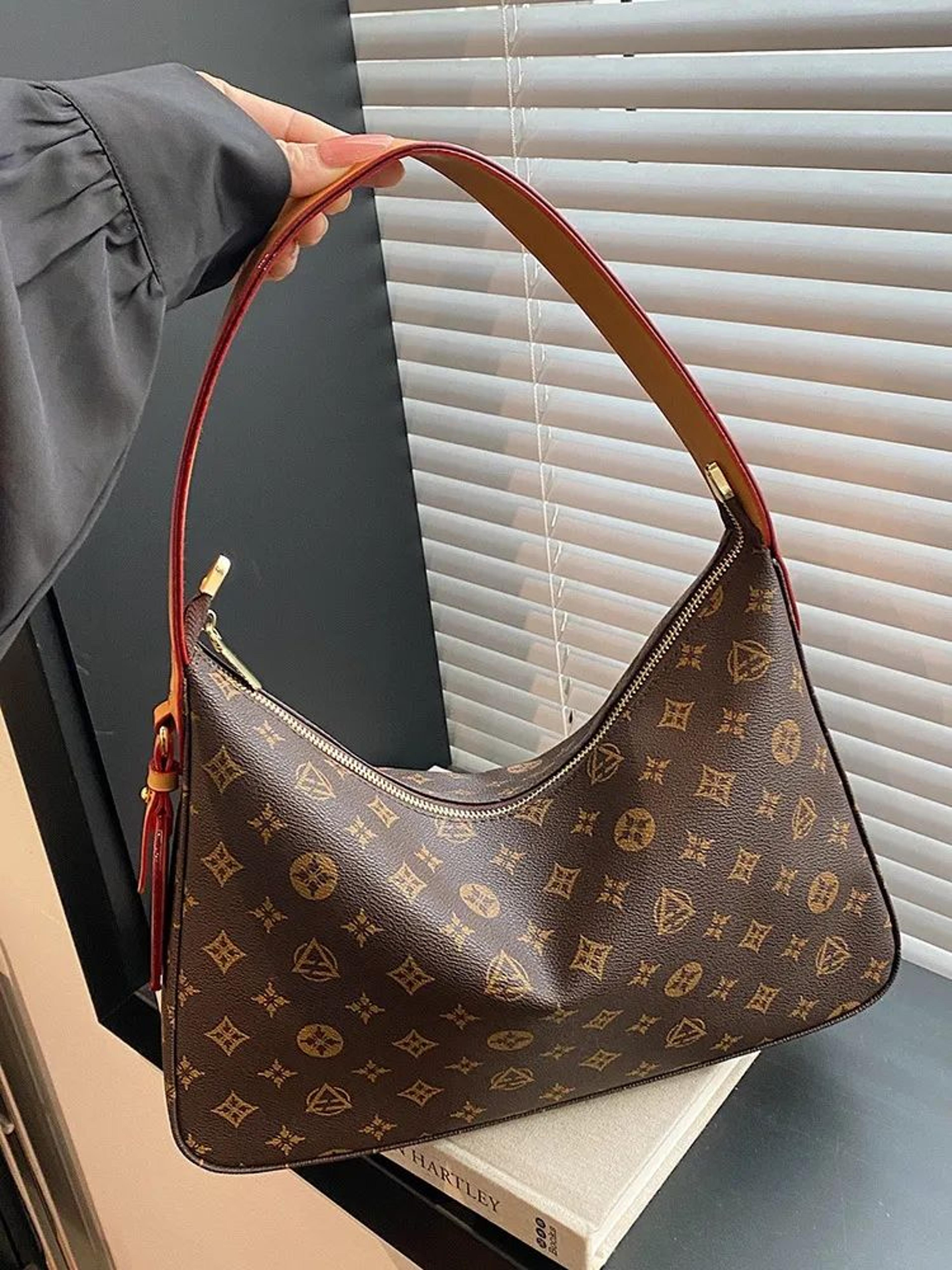 Large Monogram Canvas Hobo Shoulder Bag With Leather Strap And Tassel 1
