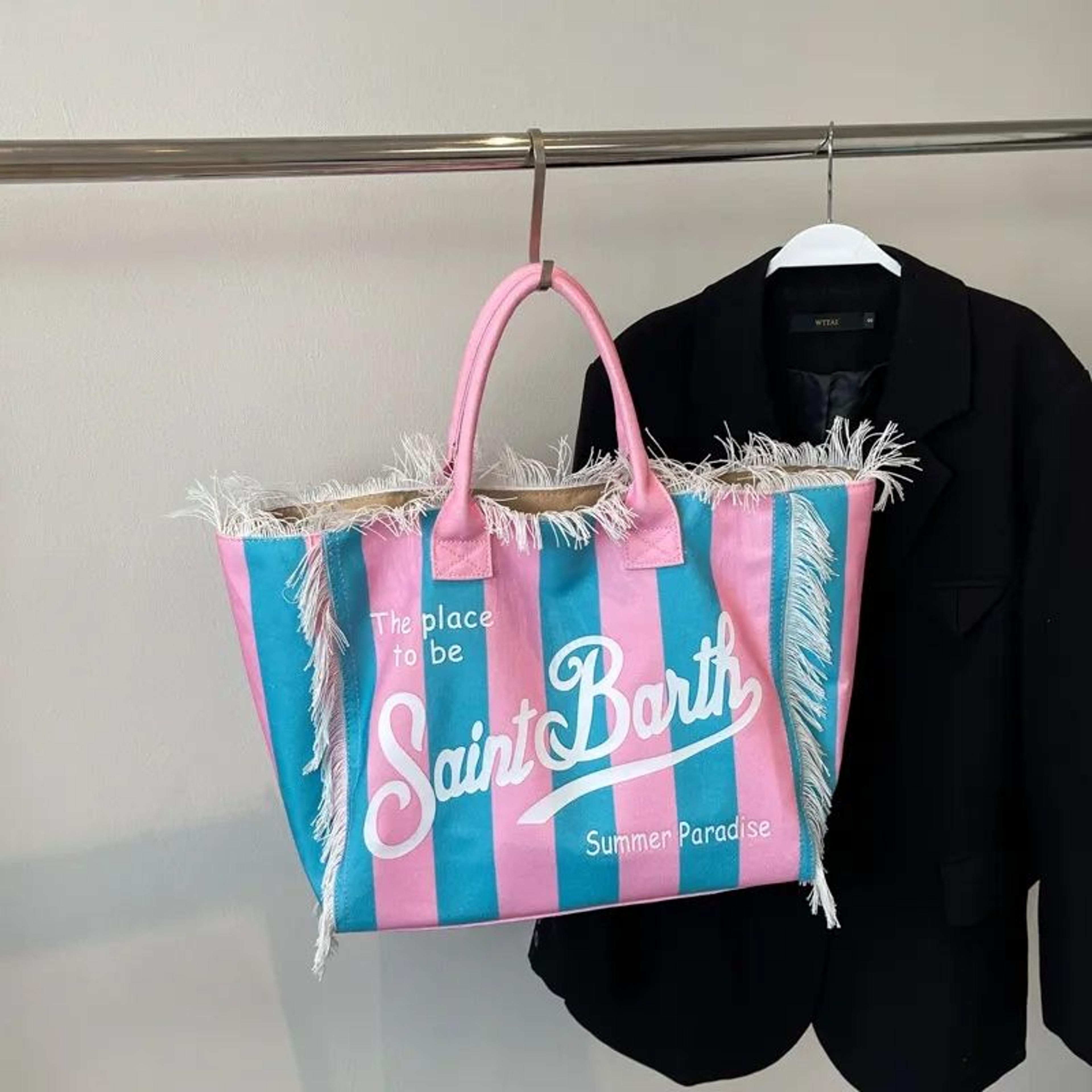 Large Capacity Denim Print Beach Tote Bag With Shoulder Strap And Tassel Detail 1