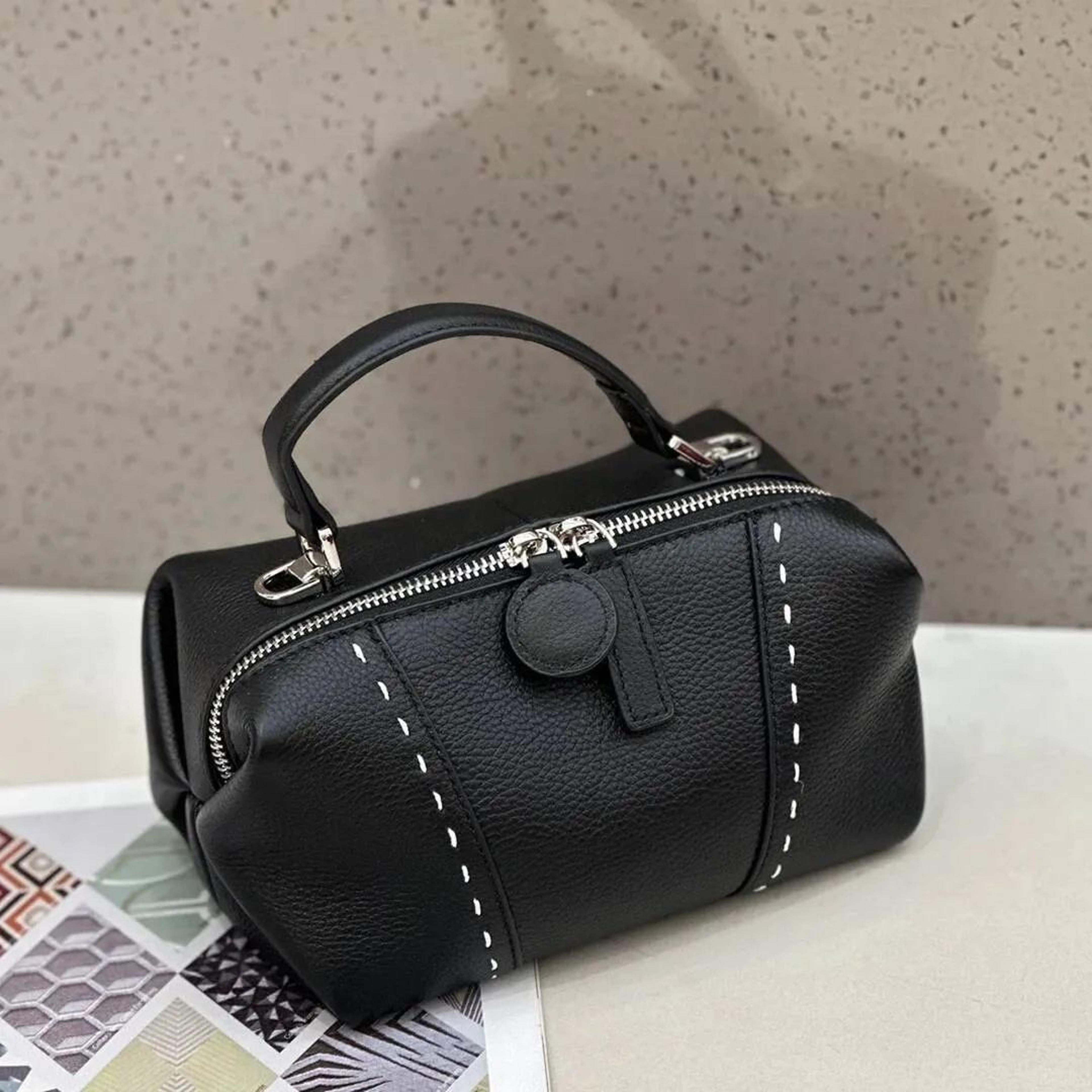 women mini boston shoulder bag with soft pebbled leather and contrast stitching